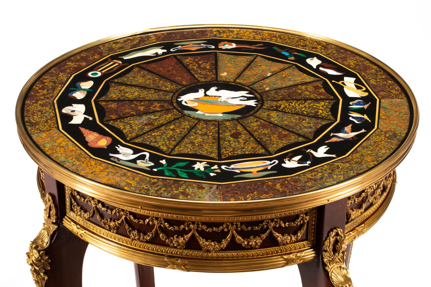 A Pair of Louis XV Style Gilt Bronze Mounted Pietra Dura-Top Tables