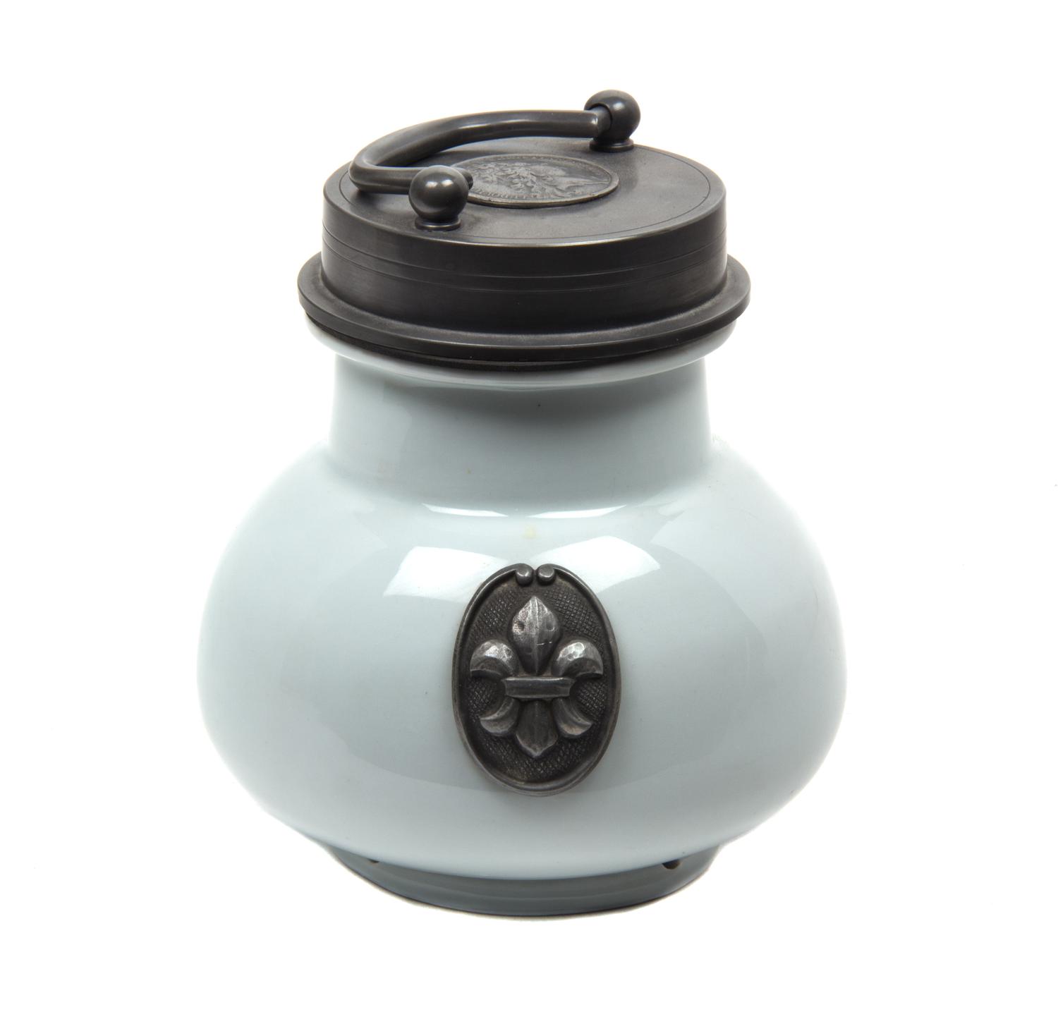 A Scandanavian Pewter Mounted White Ceramic Jar Height 7 inches. — 20TH CENTURY