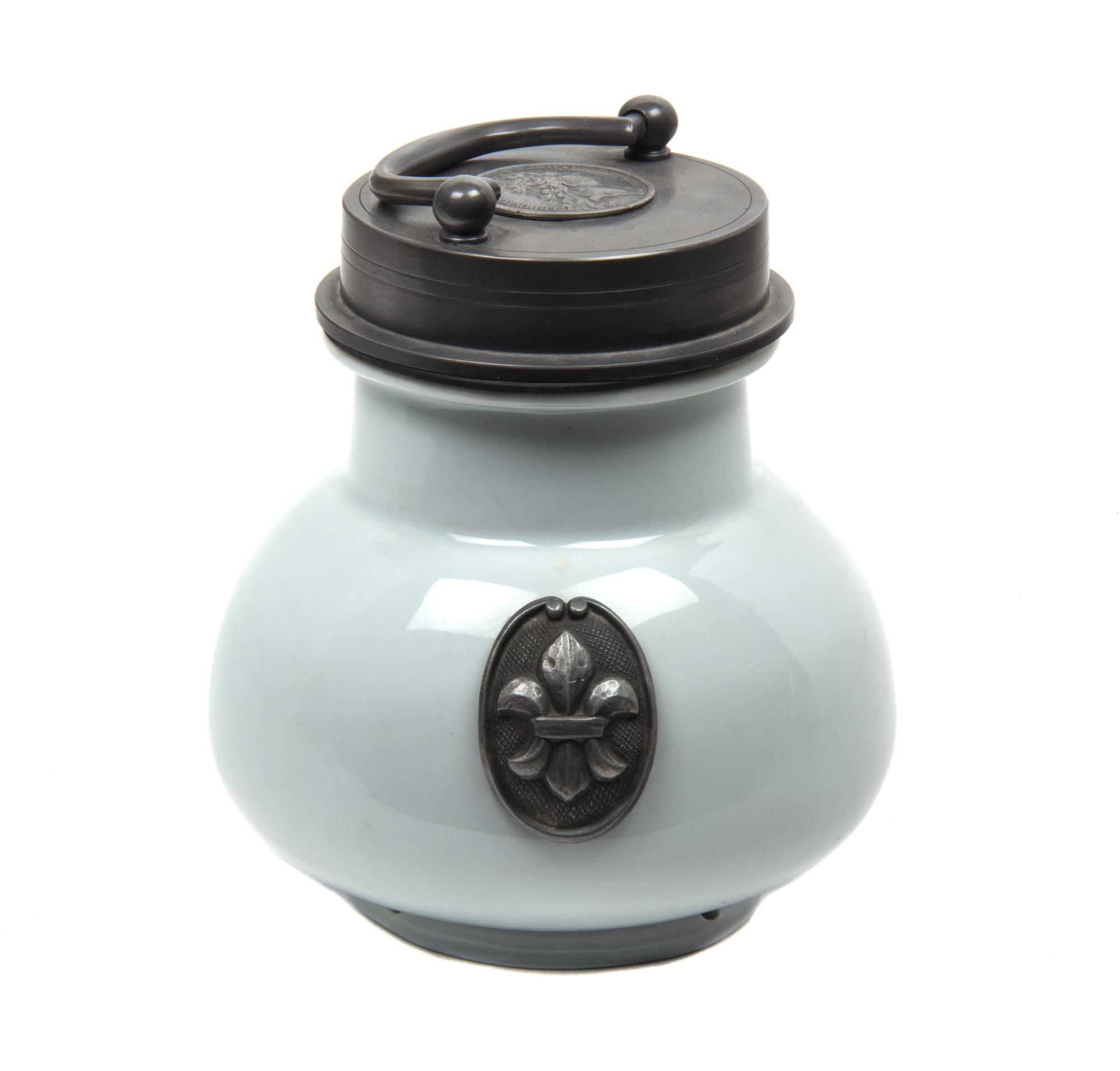 A Scandanavian Pewter Mounted White Ceramic Jar Height 7 inches. — 20TH CENTURY