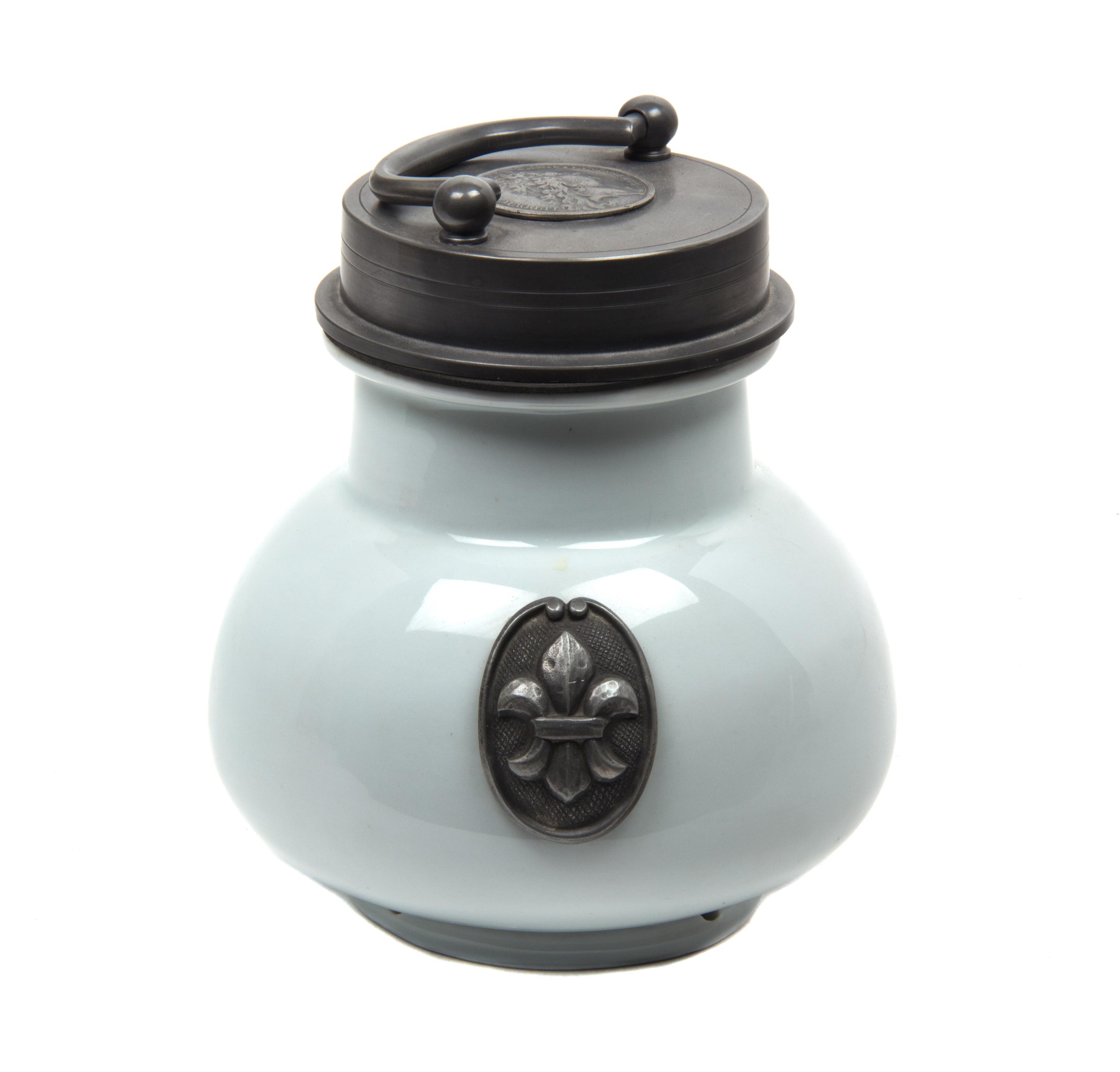 A Scandanavian Pewter Mounted White Ceramic Jar Height 7 inches. — 20TH CENTURY
