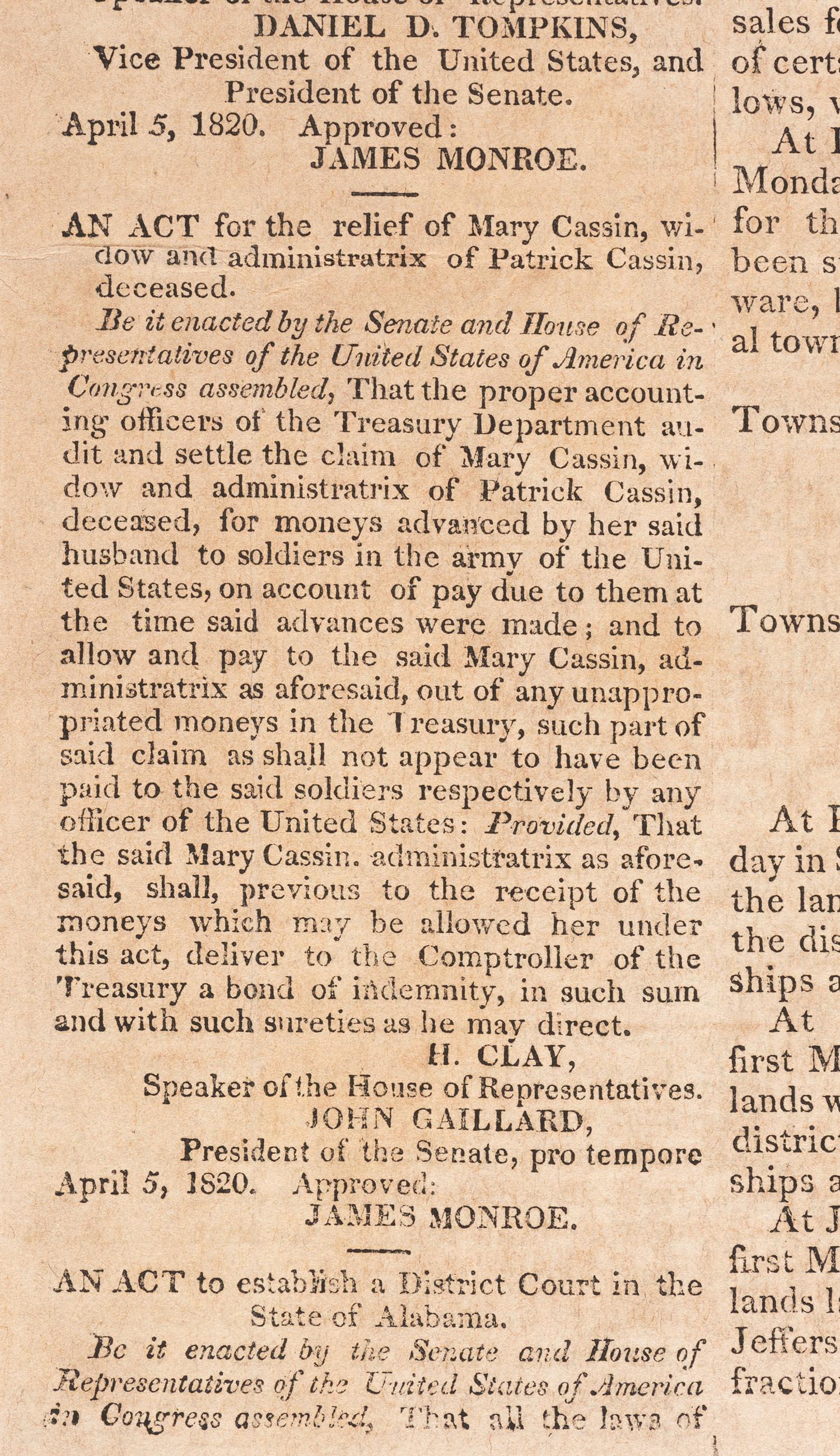 [ALABAMA STATEHOOD - AFRICAN AMERICANA]. Mobile Gazette & Commercial Advertiser. Vol. III, No. 64. Mobile, AL: 24 May 1820.