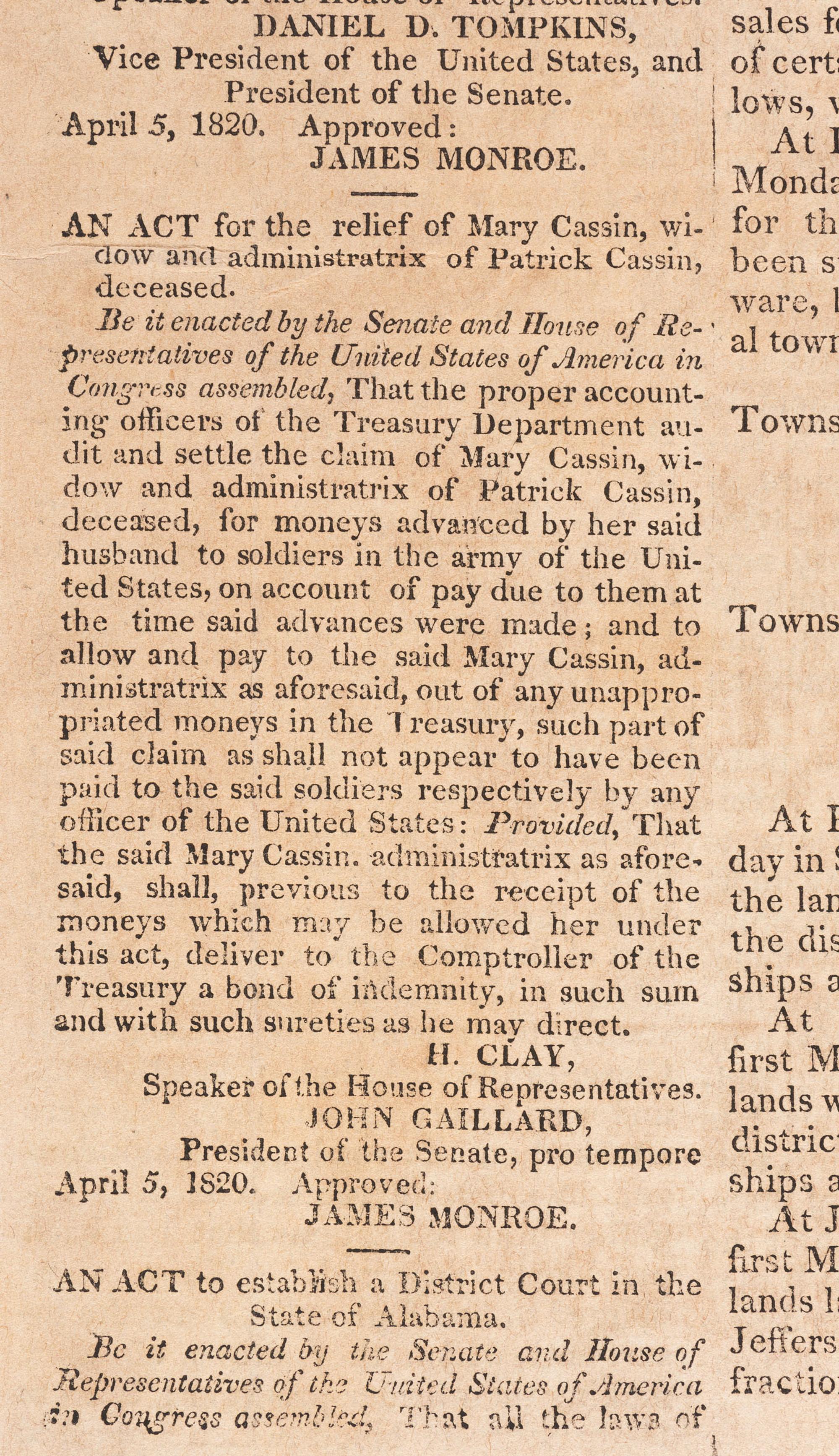 [ALABAMA STATEHOOD - AFRICAN AMERICANA]. Mobile Gazette & Commercial Advertiser. Vol. III, No. 64. Mobile, AL: 24 May 1820.