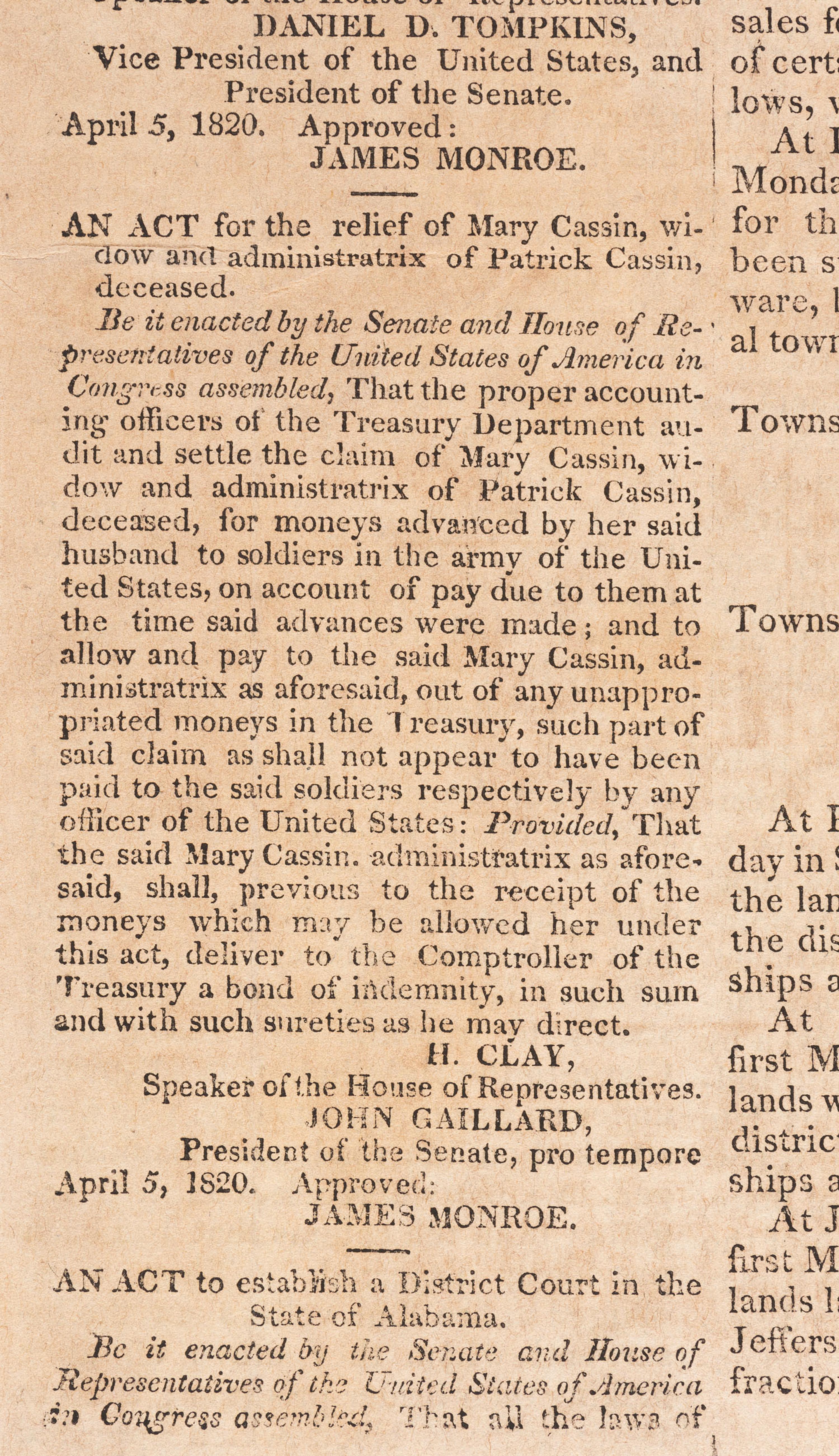[ALABAMA STATEHOOD - AFRICAN AMERICANA]. Mobile Gazette & Commercial Advertiser. Vol. III, No. 64. Mobile, AL: 24 May 1820.