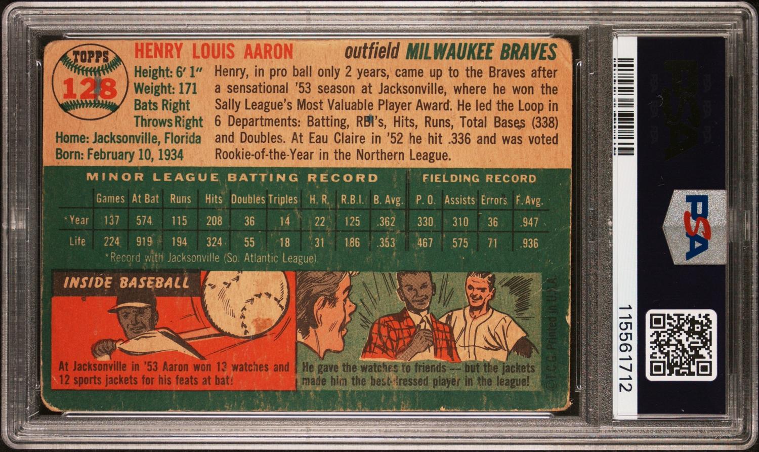 A 1954 Topps Hank Aaron Rookie Baseball Card No. 128 (PSA 1.5 MK)