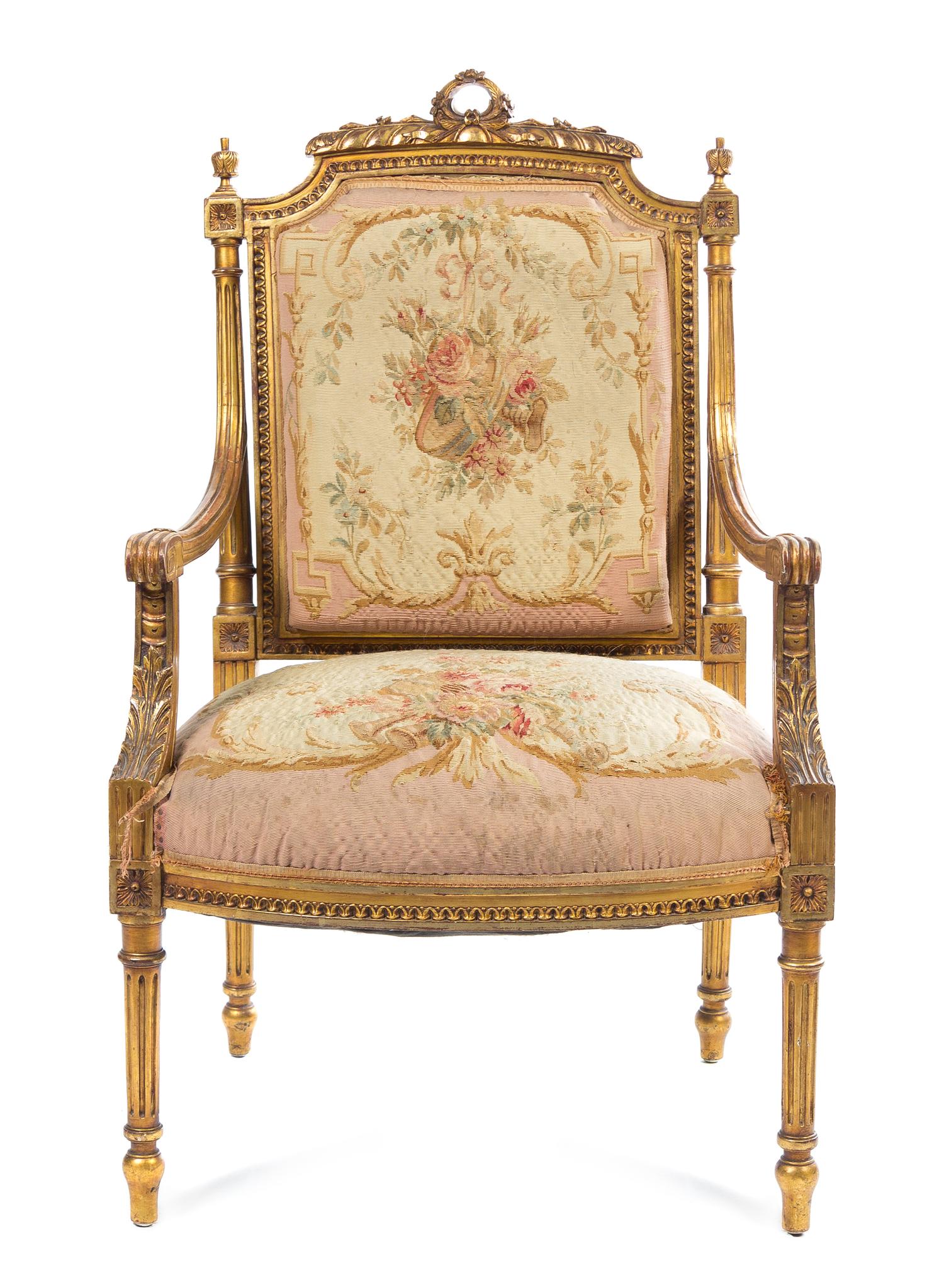 A Louis XVI Style Giltwood Fauteuil Height 40 inches. — 19TH CENTURY