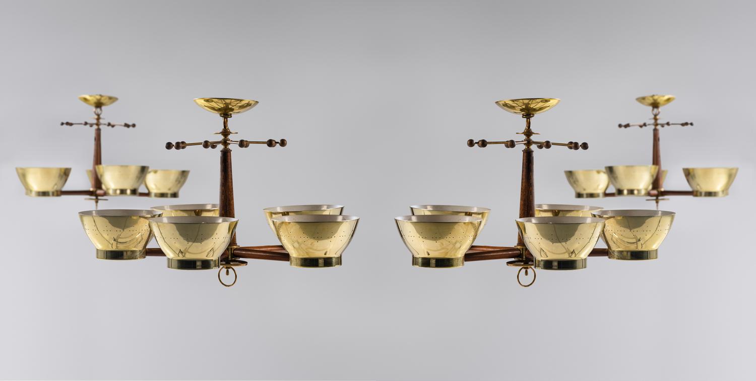 Group of Four Brass Modernist Five-Light Chandeliers