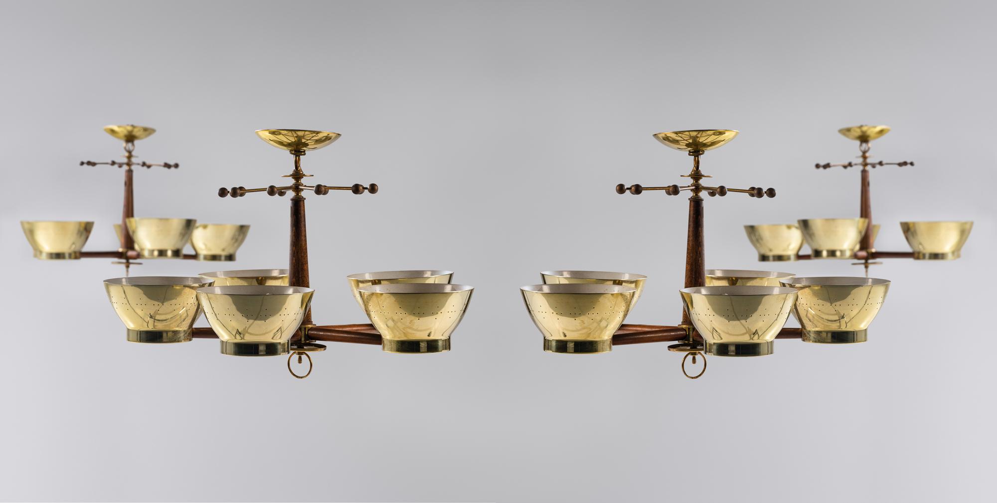 Group of Four Brass Modernist Five-Light Chandeliers