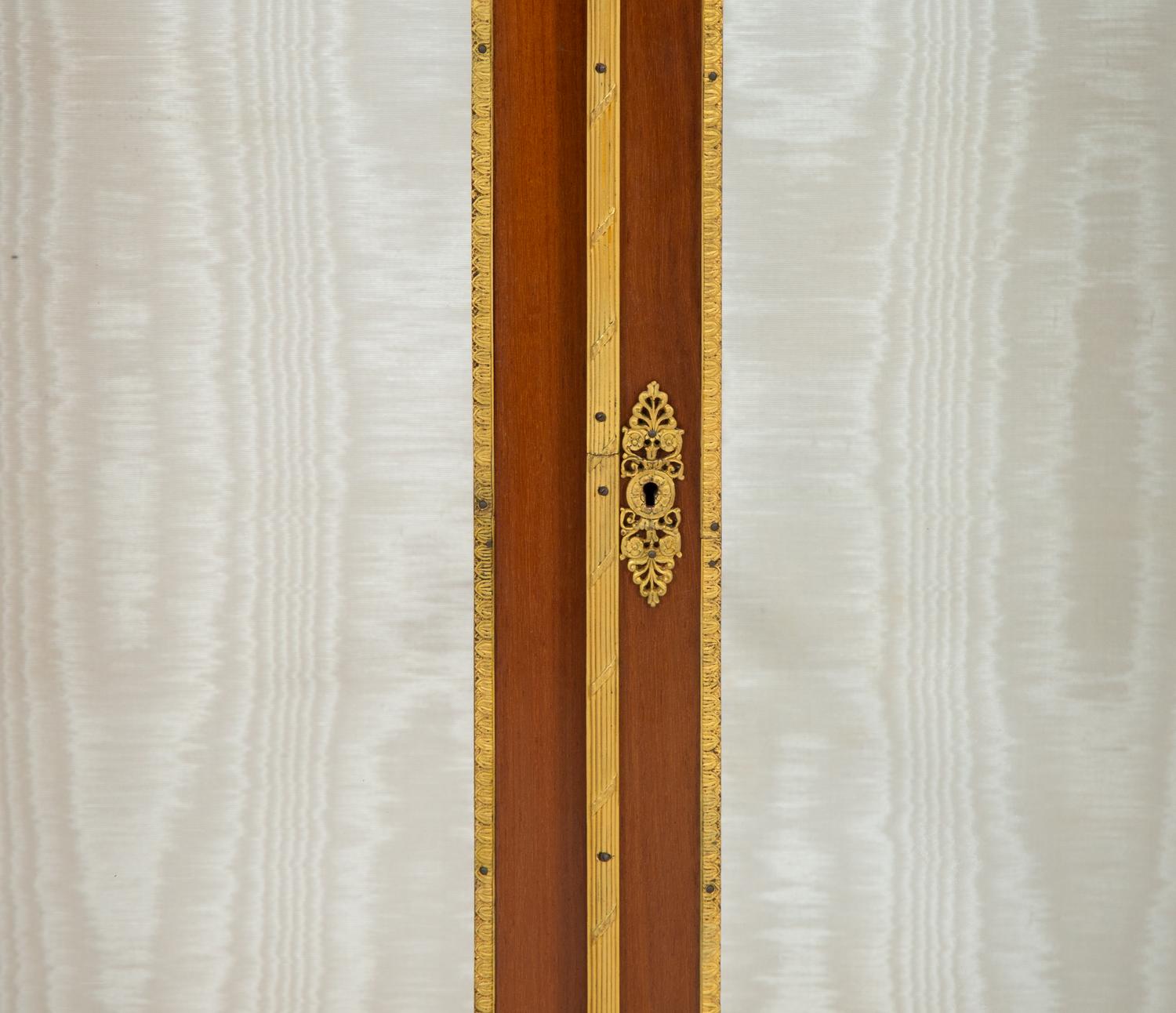 A Pair of Empire Style Gilt Bronze Mounted Mahogany Marble Top Vitrine Cabinets