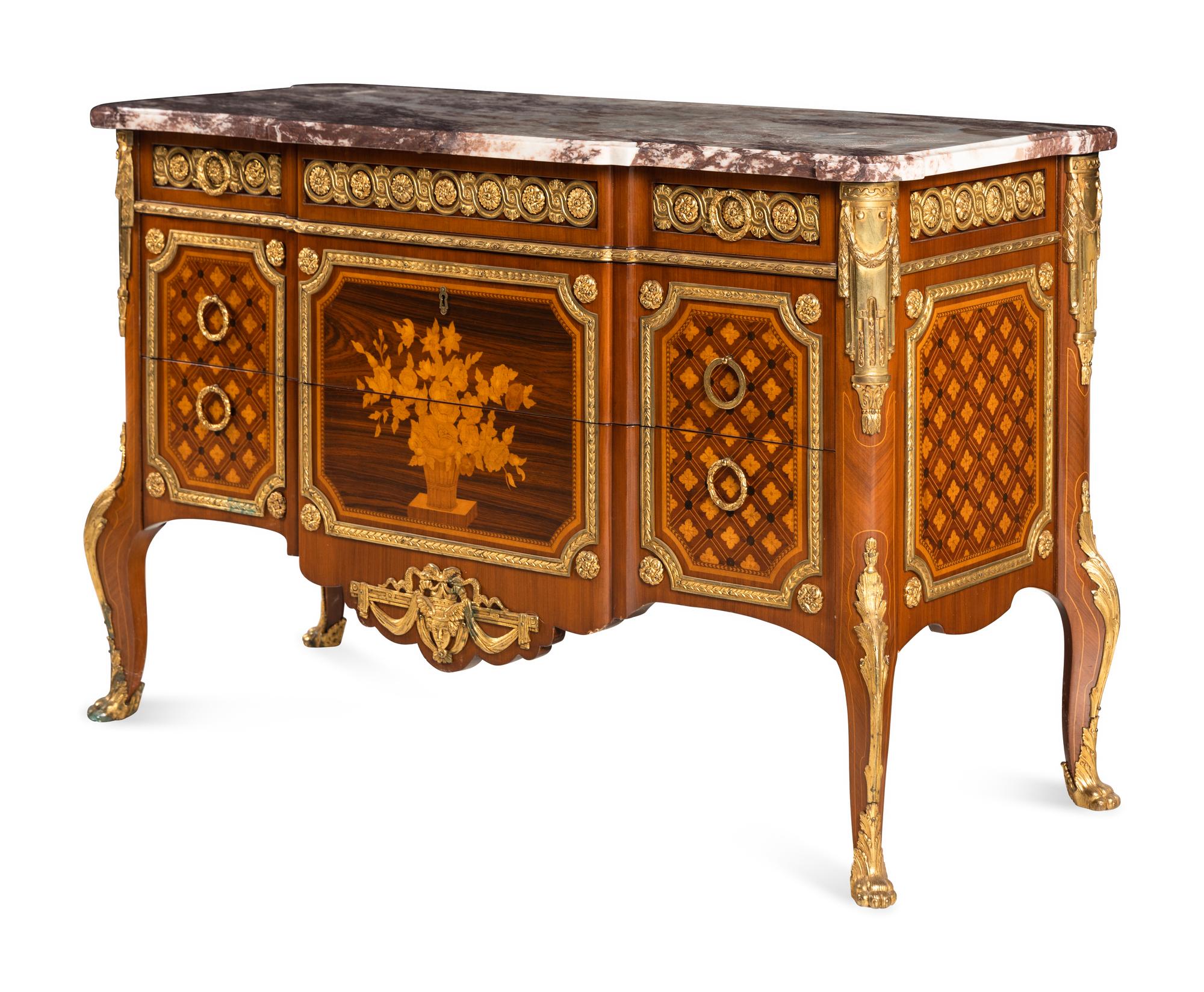 A Louis XVI Style Marquetry Marble-Top Commode