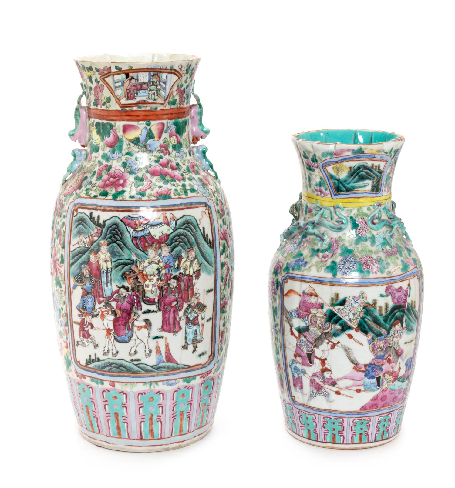 Two Chinese Export Rose Mandarin Porcelain Vases Height of taller 17 3/4 inches. — 19TH CENTURY