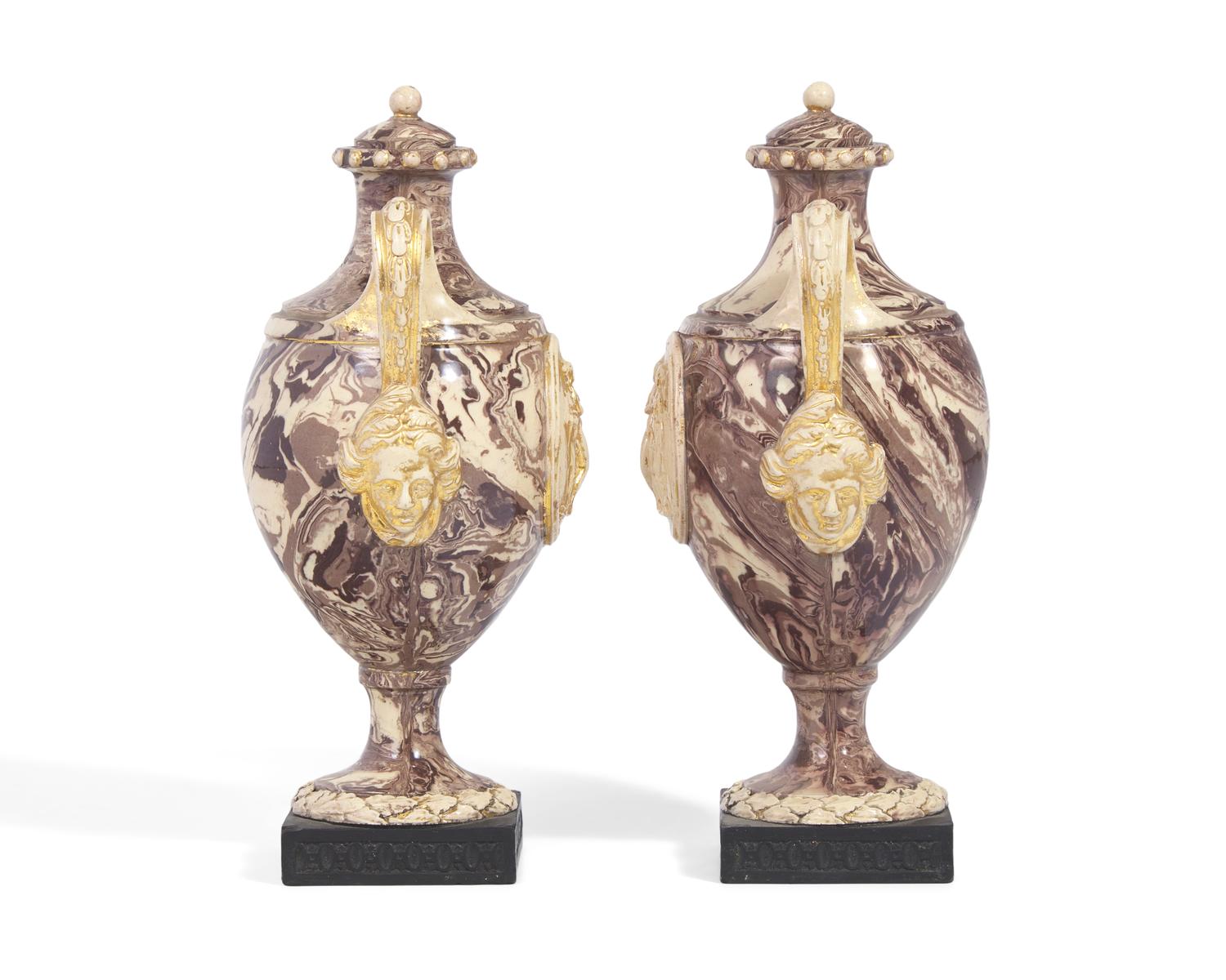 A Pair of Wedgwood and Bentley Agateware Covered Urns with Applied Intaglios