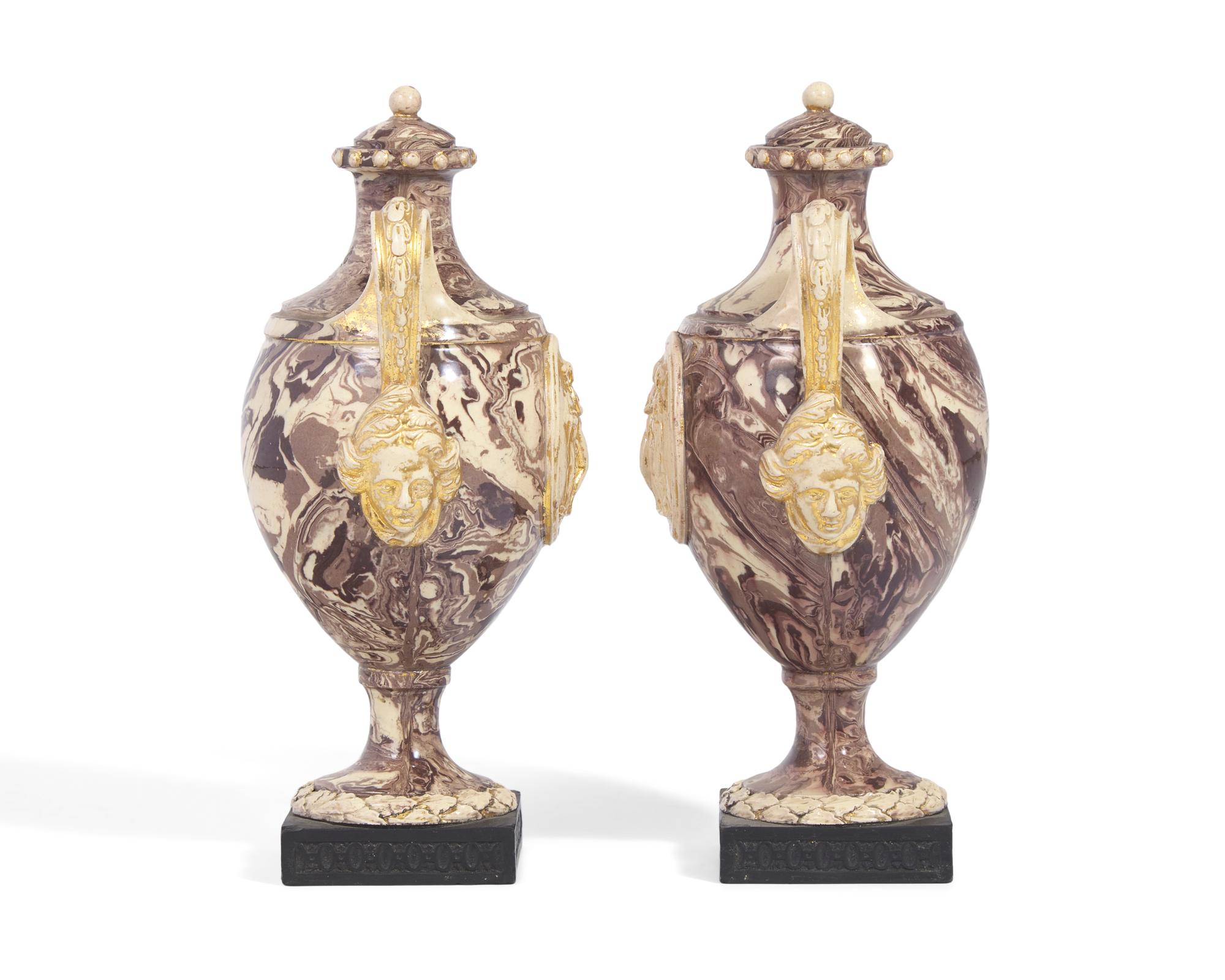 A Pair of Wedgwood and Bentley Agateware Covered Urns with Applied Intaglios