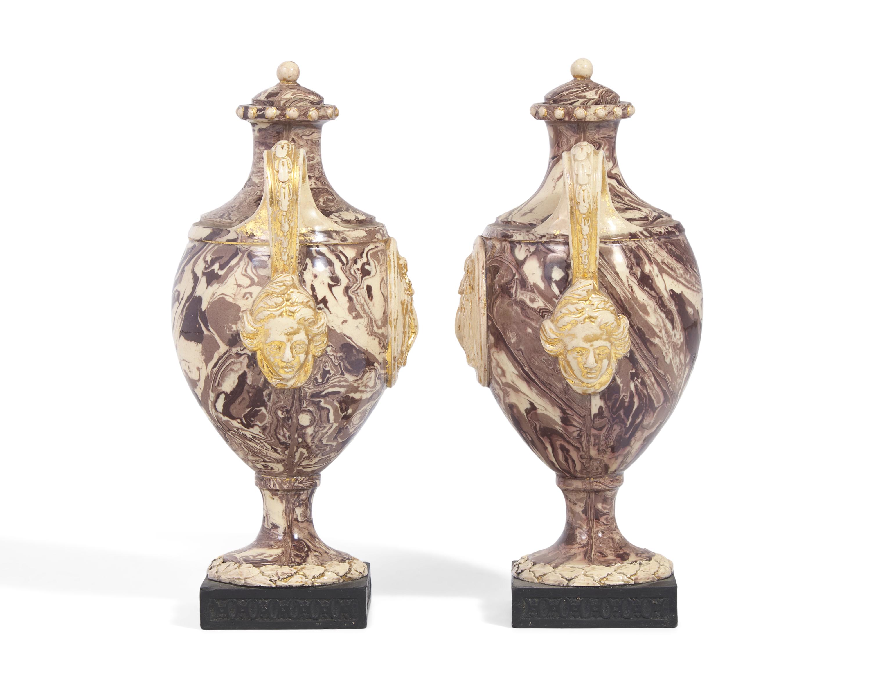 A Pair of Wedgwood and Bentley Agateware Covered Urns with Applied Intaglios