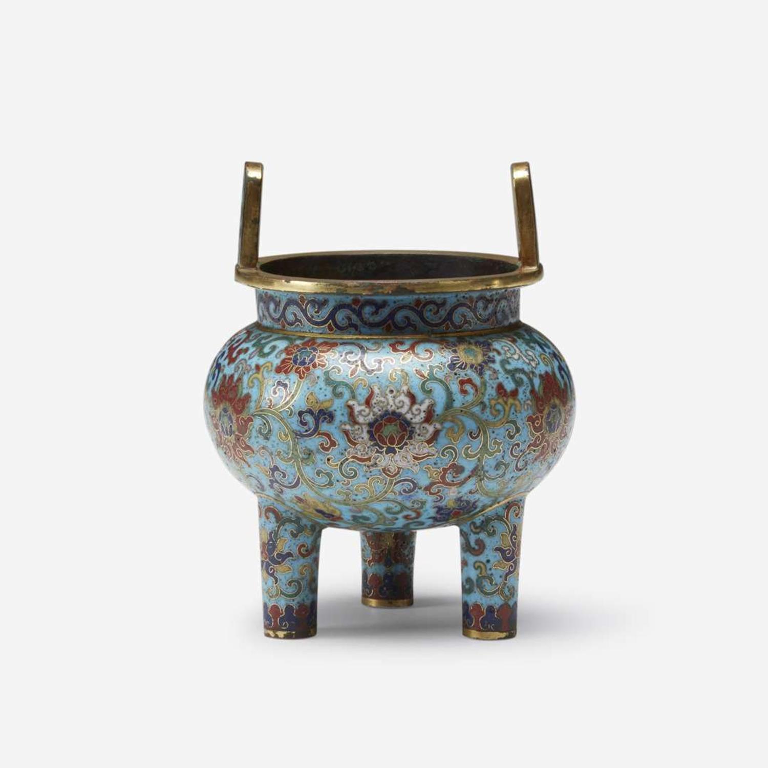 A Chinese cloisonné enamel tripod censer Qianlong mark and possibly of the period