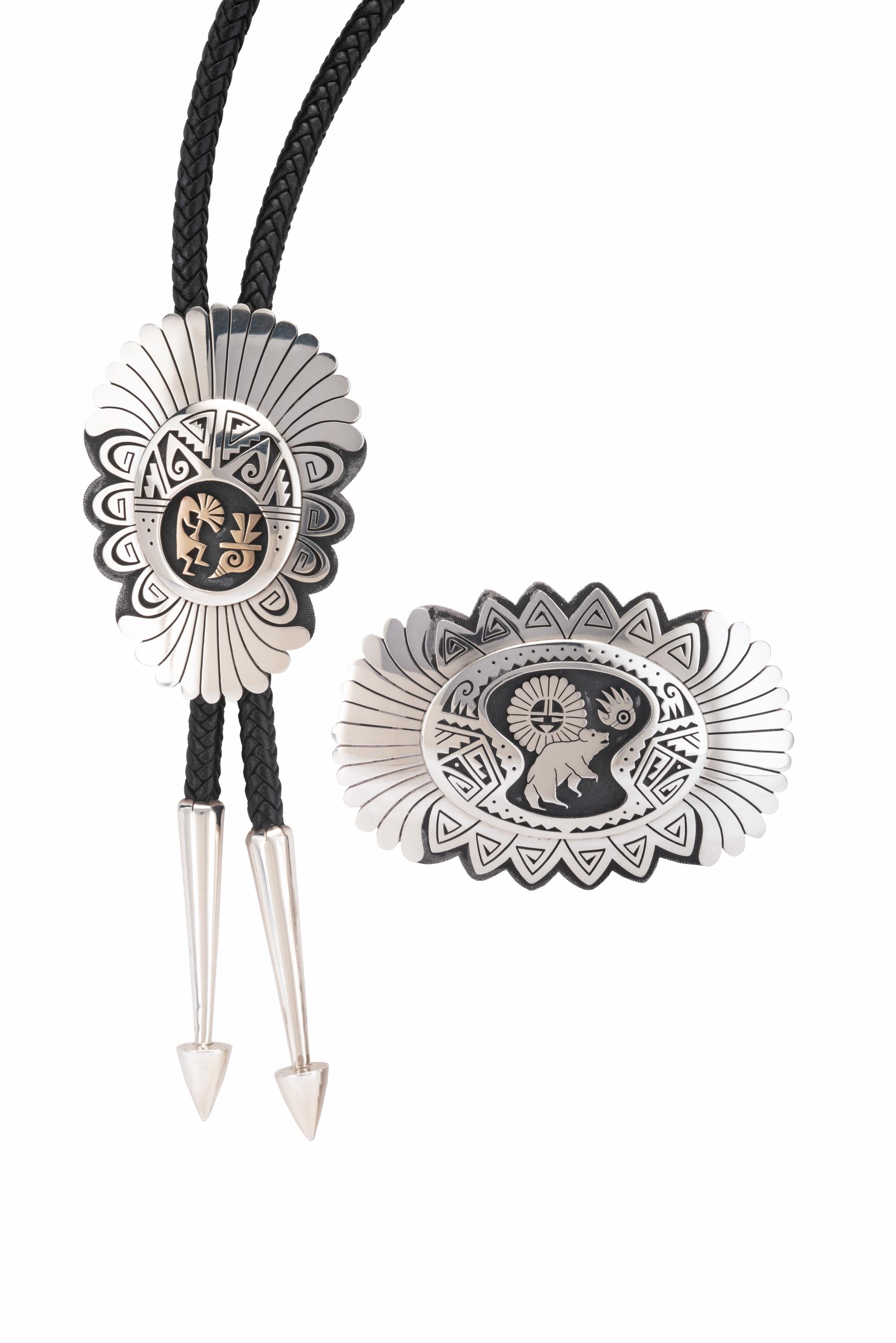 Sterling Silver Overlay Bolo Tie with 14k Gold Accents, and Belt Buckle Lot is located and will ship from Denver, Colorado.