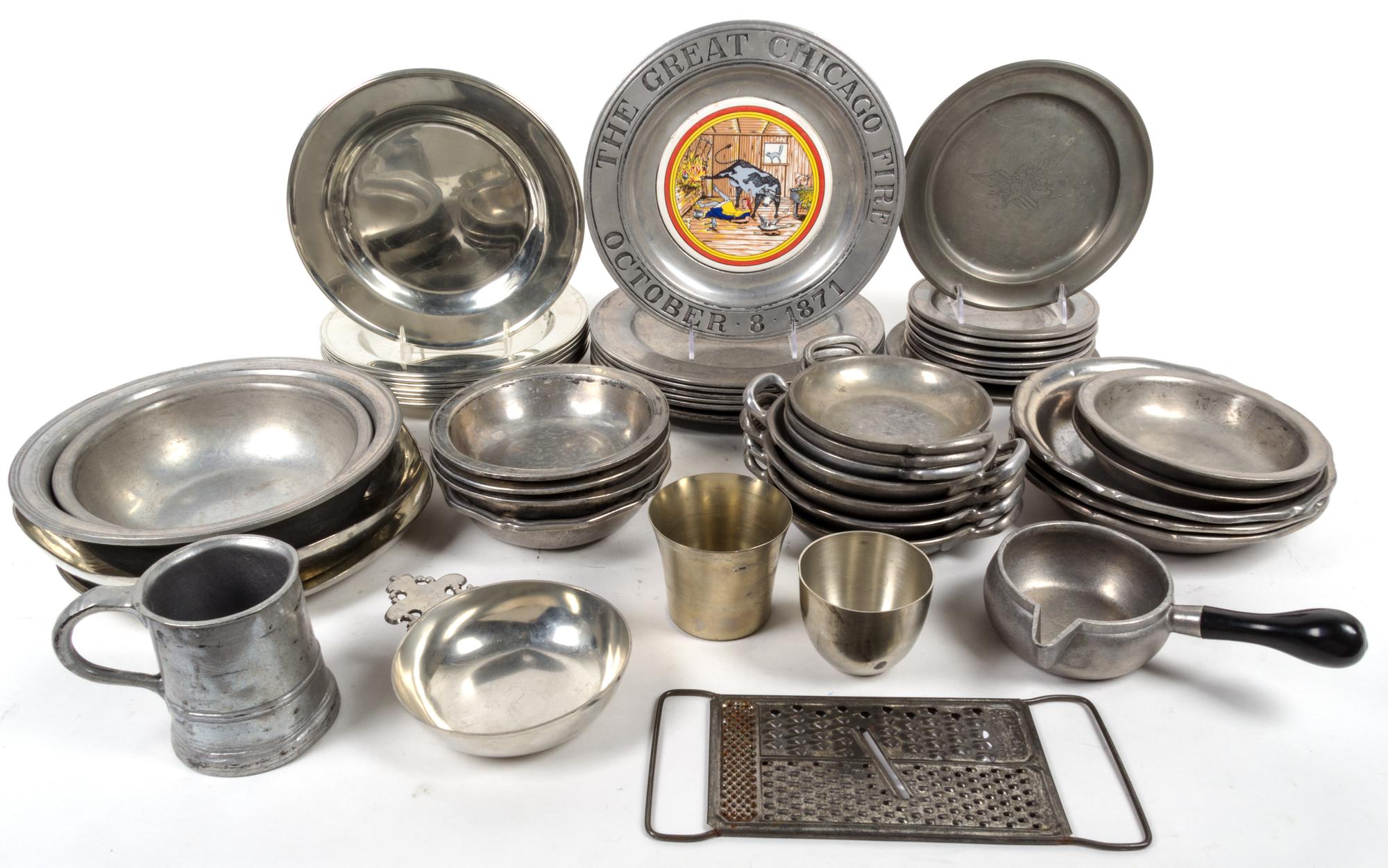 A Collection of Pewter Articles Diameter of lidded tureen 13 inches.