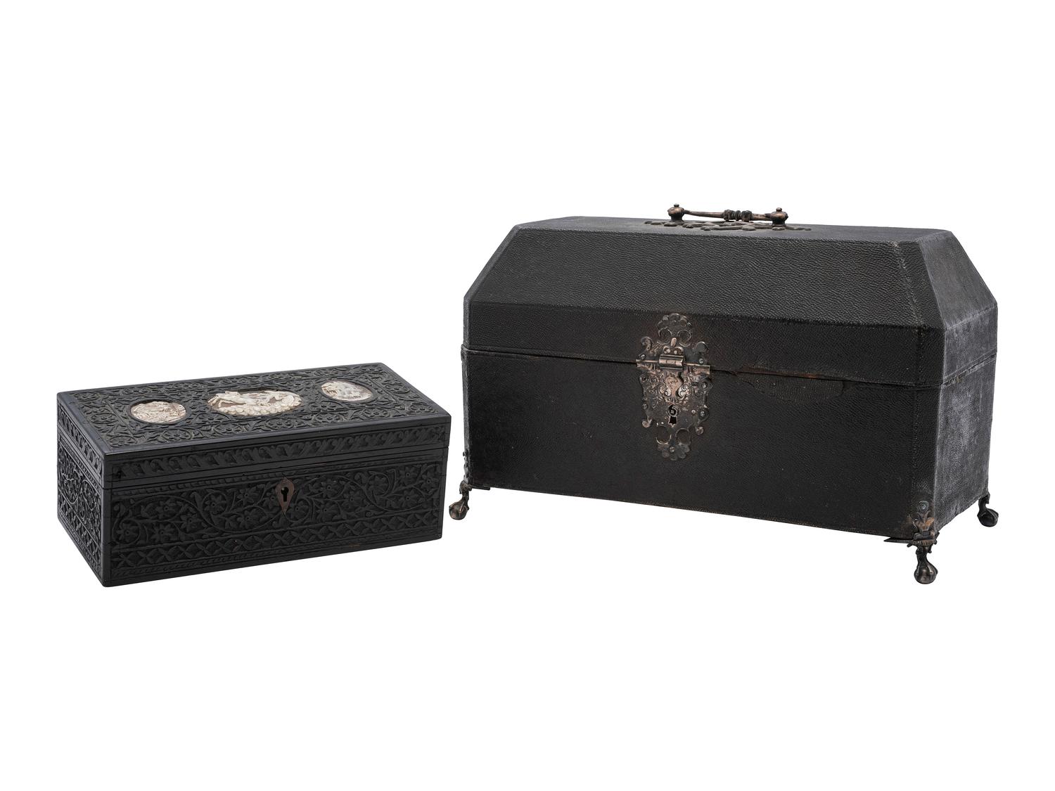 A Georgian Shagreen Silver Mounted Tea Caddy and Carved Hardwood Box
