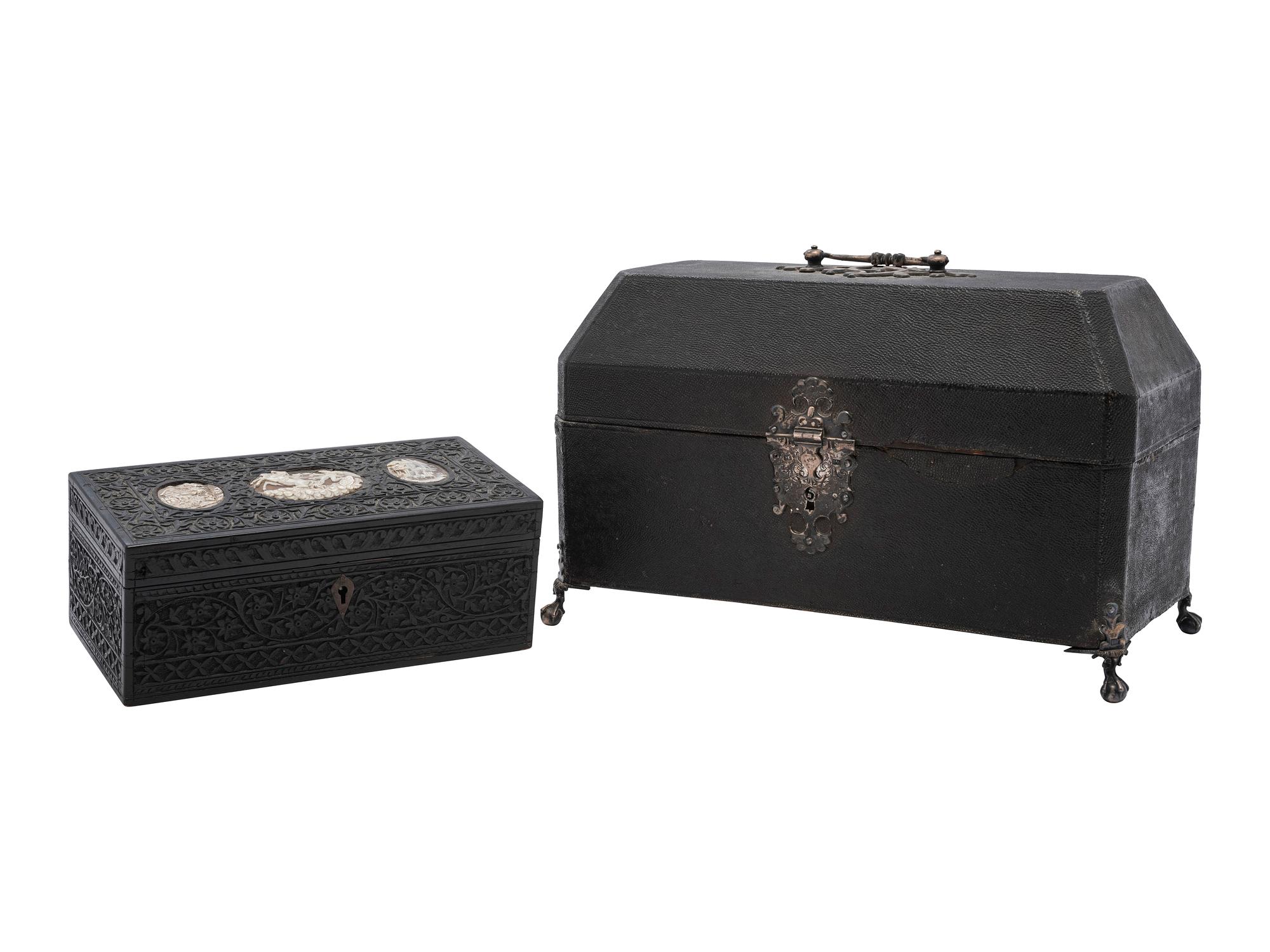 A Georgian Shagreen Silver Mounted Tea Caddy and Carved Hardwood Box