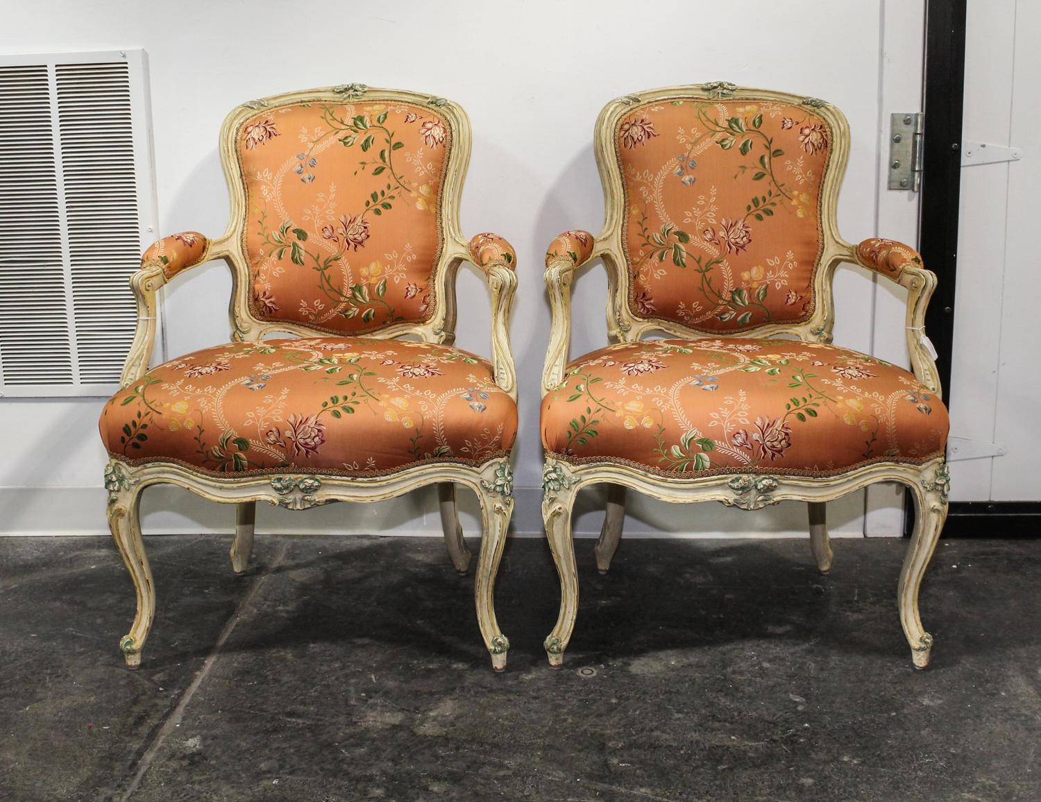 A Pair of Louis XVI Style Fauteuil Height 34 x width 18 x depth 22 inches.