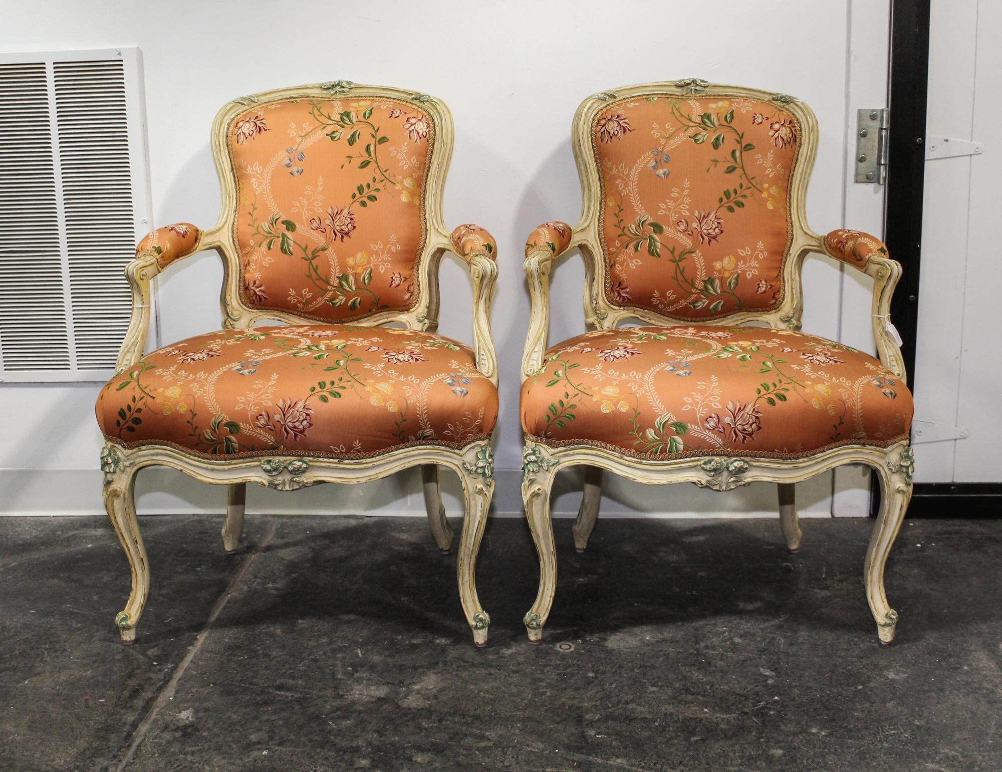 A Pair of Louis XVI Style Fauteuil Height 34 x width 18 x depth 22 inches.