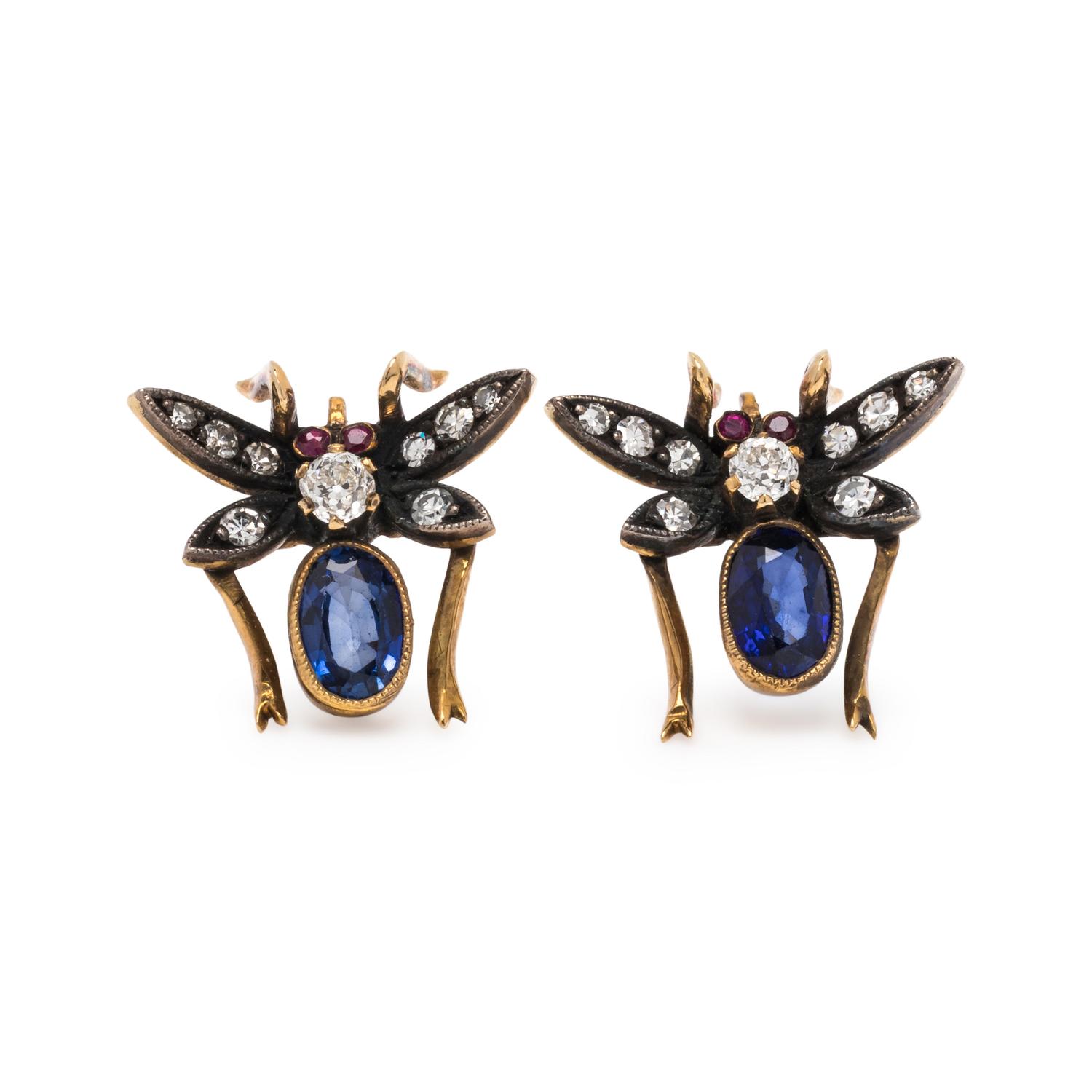 EVELYN CLOTHIER, SAPPHIRE AND DIAMOND INSECT EARRINGS