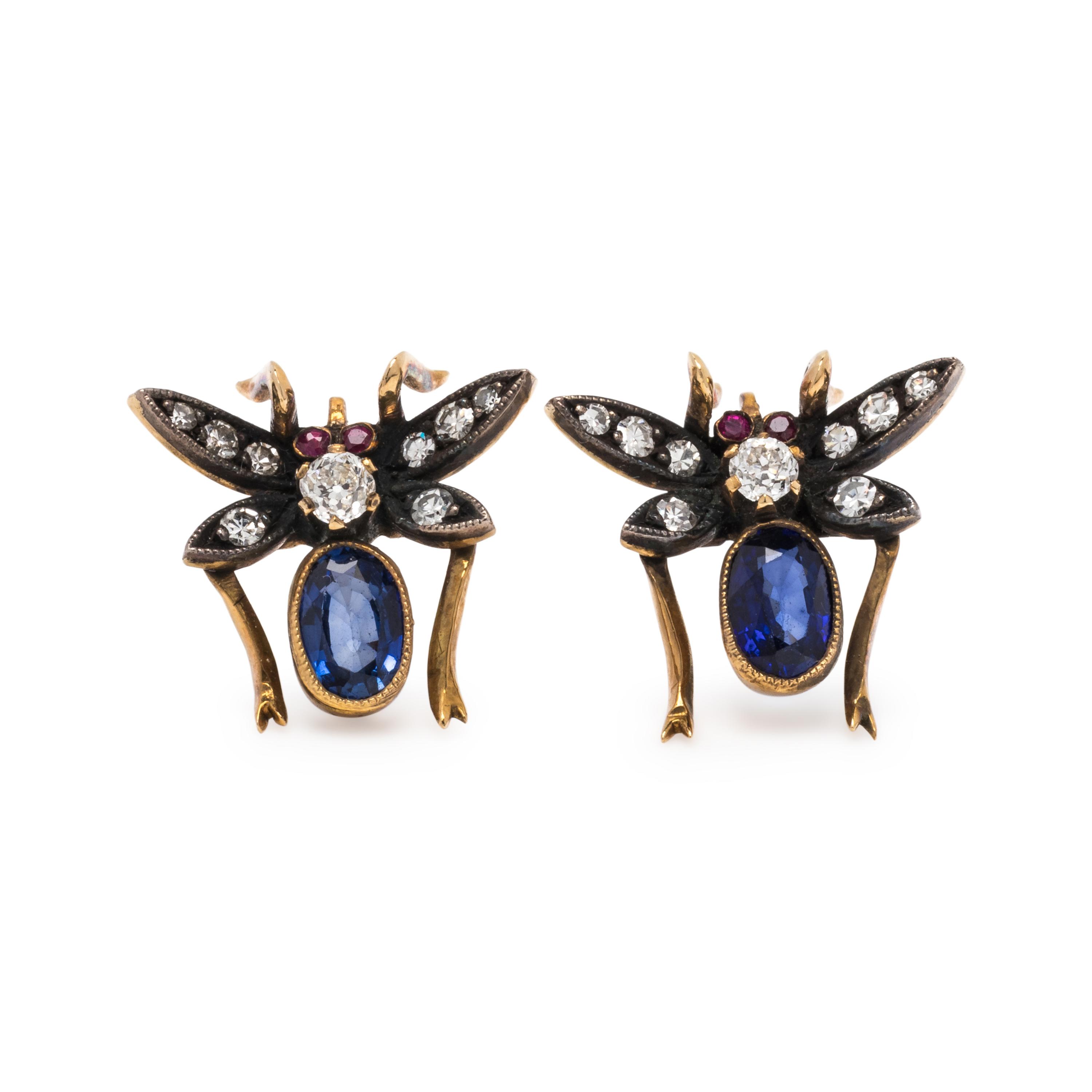 EVELYN CLOTHIER, SAPPHIRE AND DIAMOND INSECT EARRINGS