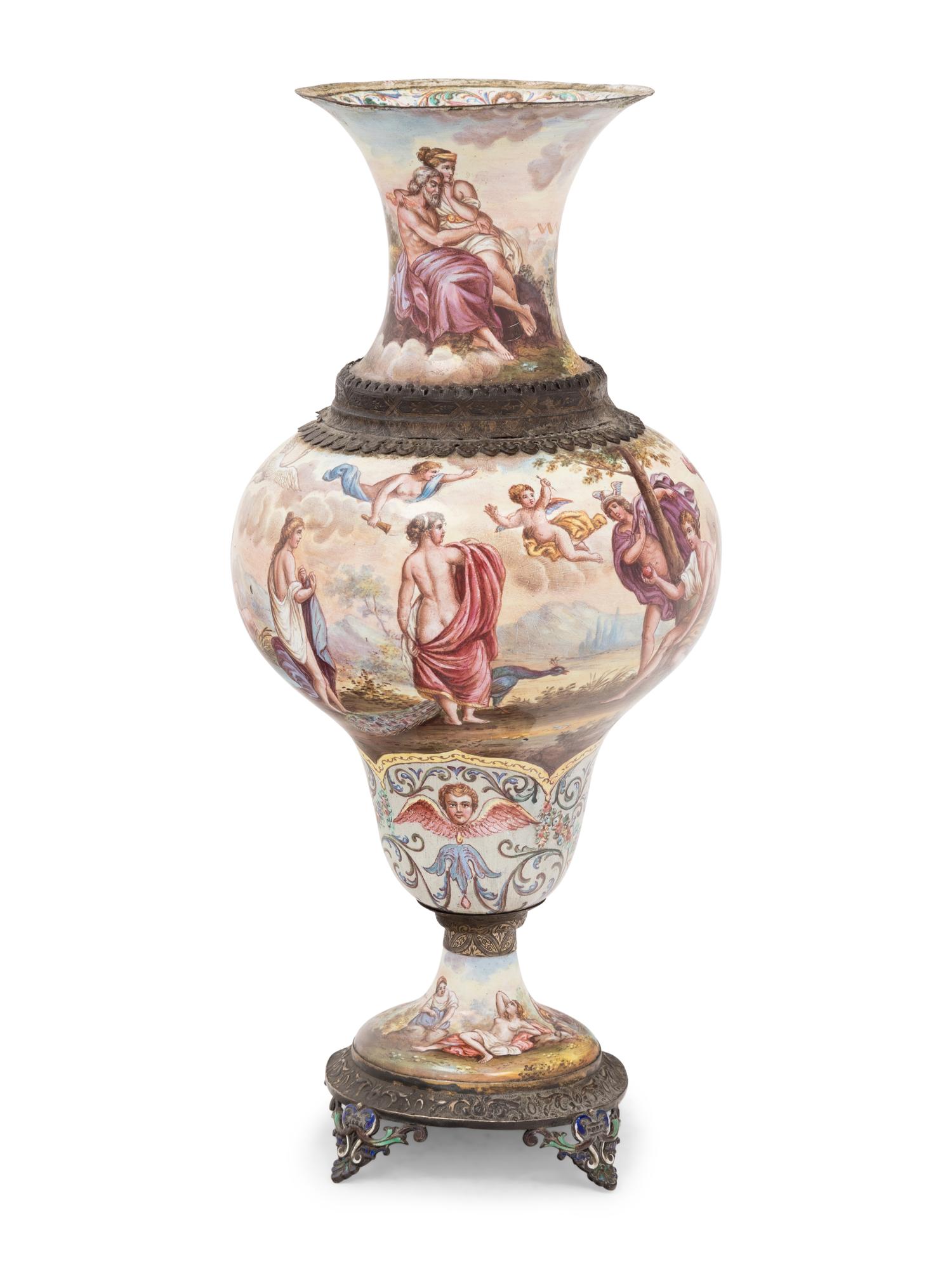 A Viennese Silver Mounted Enamel on Copper Vase