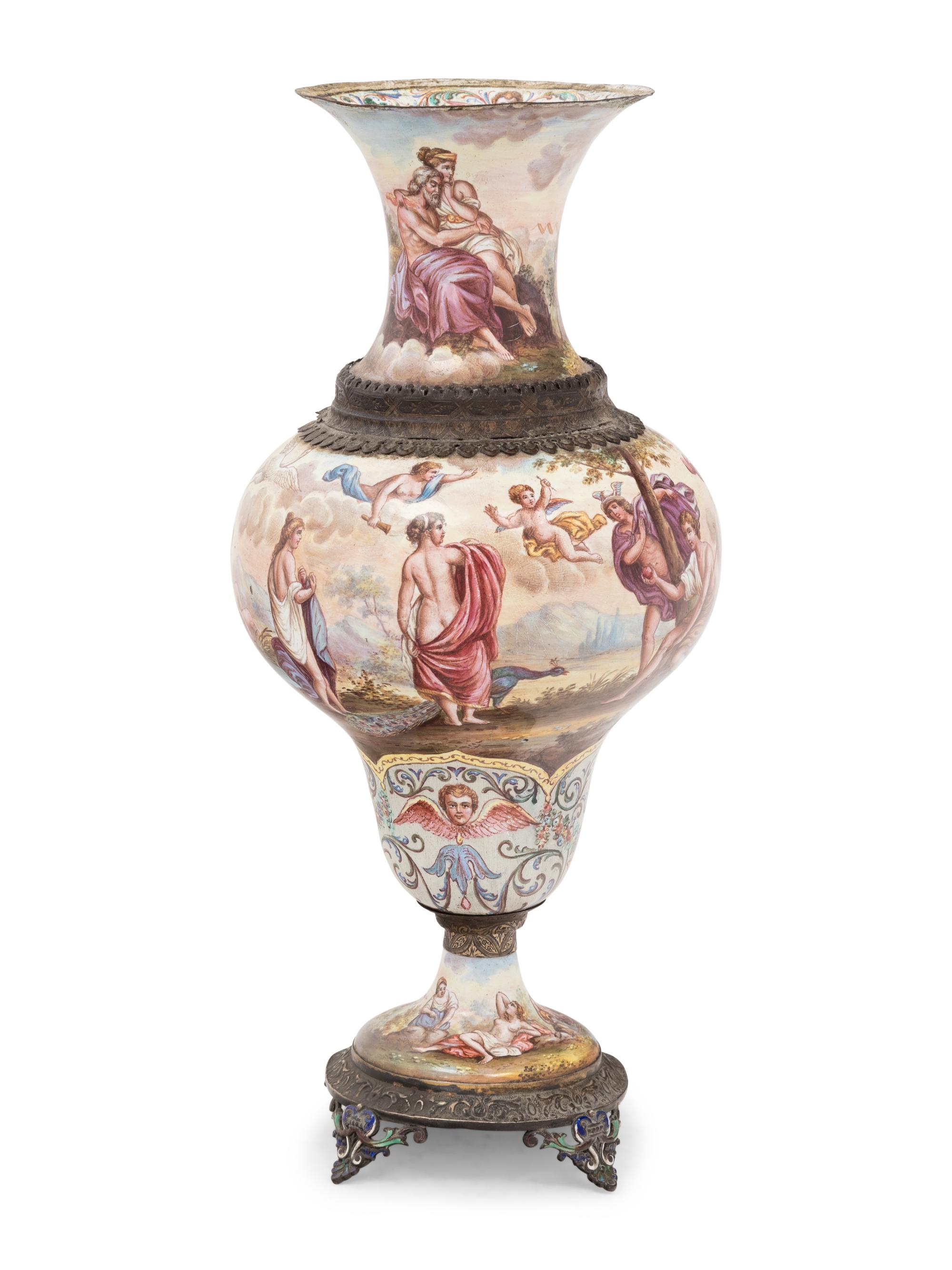 A Viennese Silver Mounted Enamel on Copper Vase
