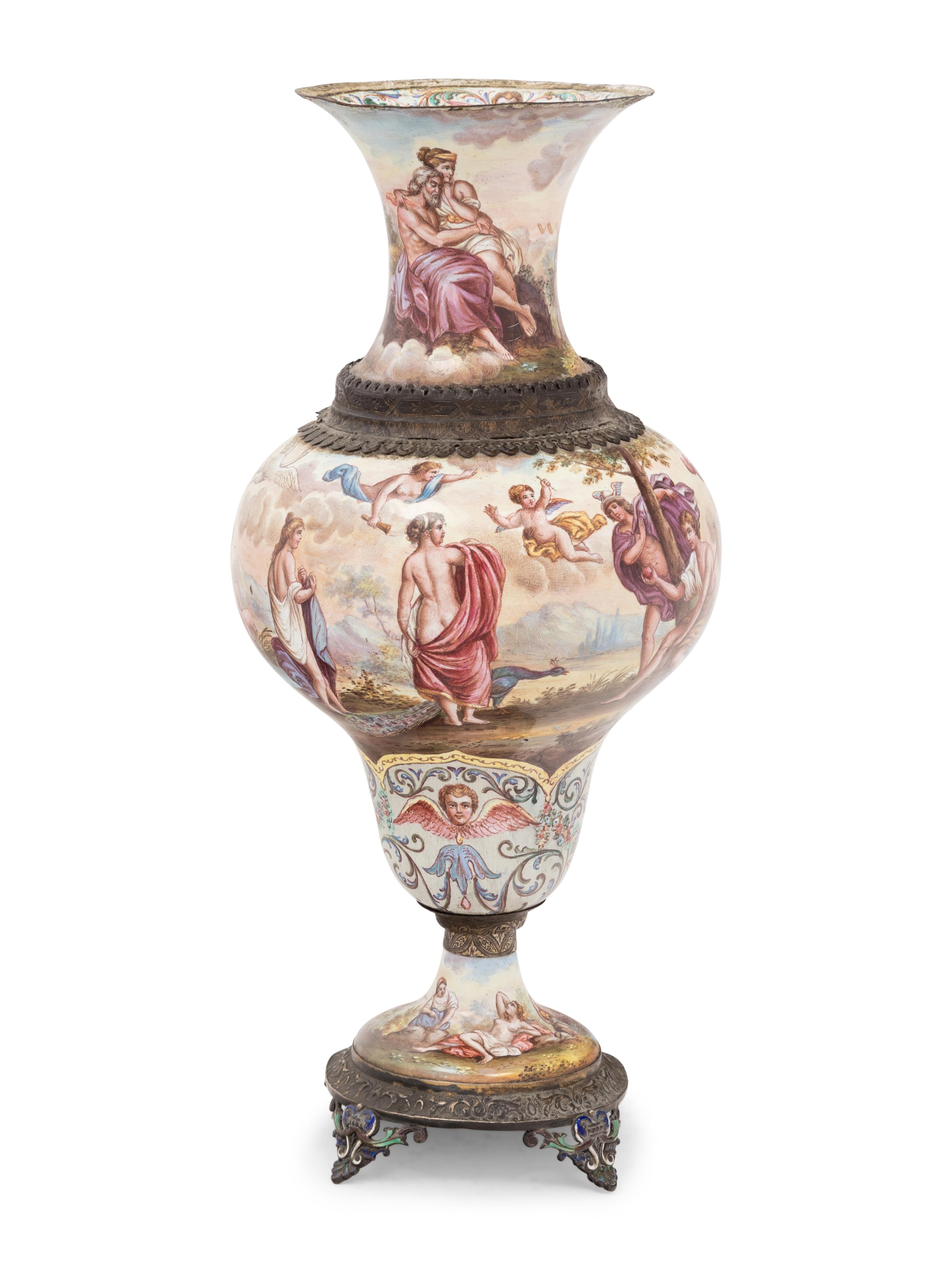 A Viennese Silver Mounted Enamel on Copper Vase