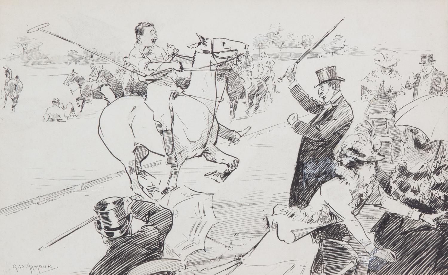 George Denholm Armour, (British, 1864-1949), Polo Cartoon for Punch, together with the lithograph cartoon and caption