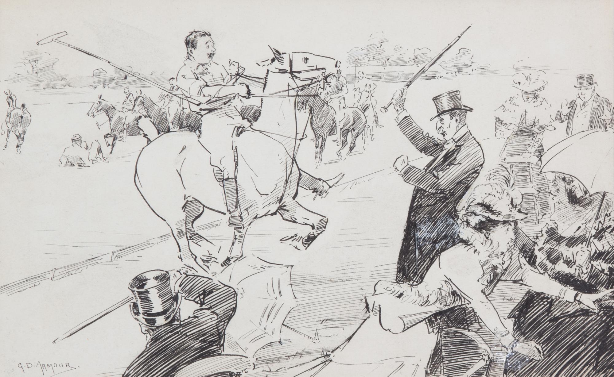 George Denholm Armour, (British, 1864-1949), Polo Cartoon for Punch, together with the lithograph cartoon and caption