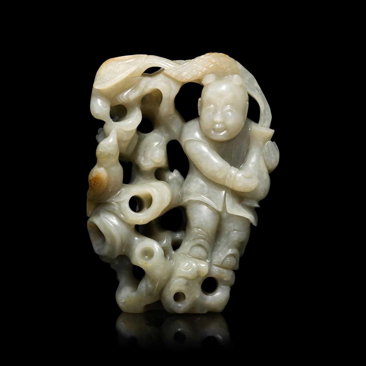 A Chinese Greyish Celadon Jade Group of a Boy and Birds, Qing Dynasty 清 青玉鏤雕童子持蓮