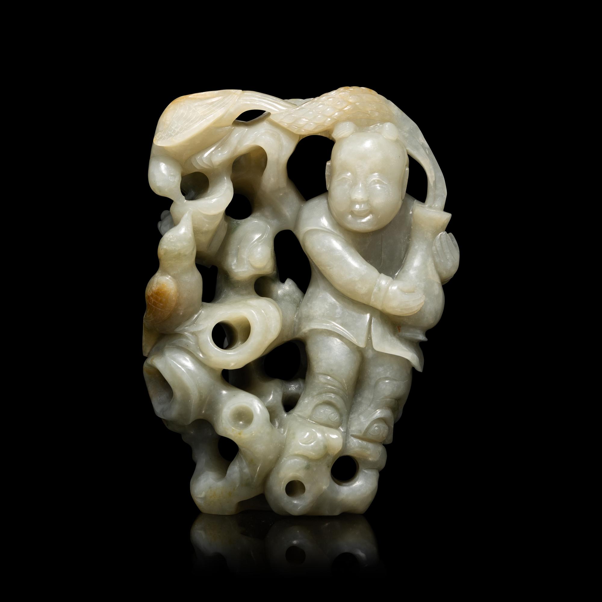 A Chinese Greyish Celadon Jade Group of a Boy and Birds, Qing Dynasty 清 青玉鏤雕童子持蓮