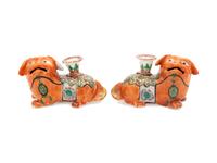 A Pair of Chinese Famille Rose Porcelain 'Foo Dog' Joss Stick Holders