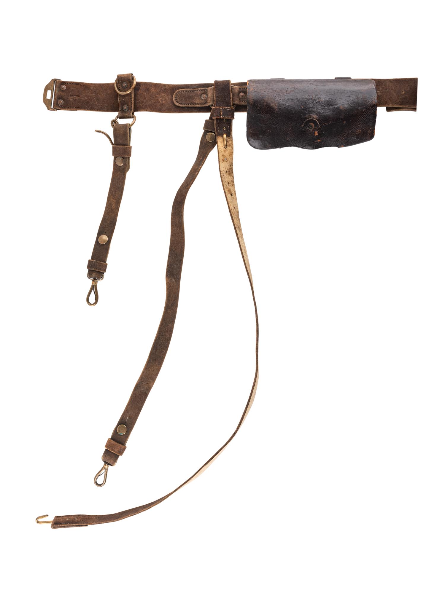 [CIVIL WAR]. Model 1851 cavalry sabre belt by W. Kinsey retaining shoulder strap and equipped with Model 1851 enlisted sword belt plate, maker marked cartridge box, and maker marked cap pouch.