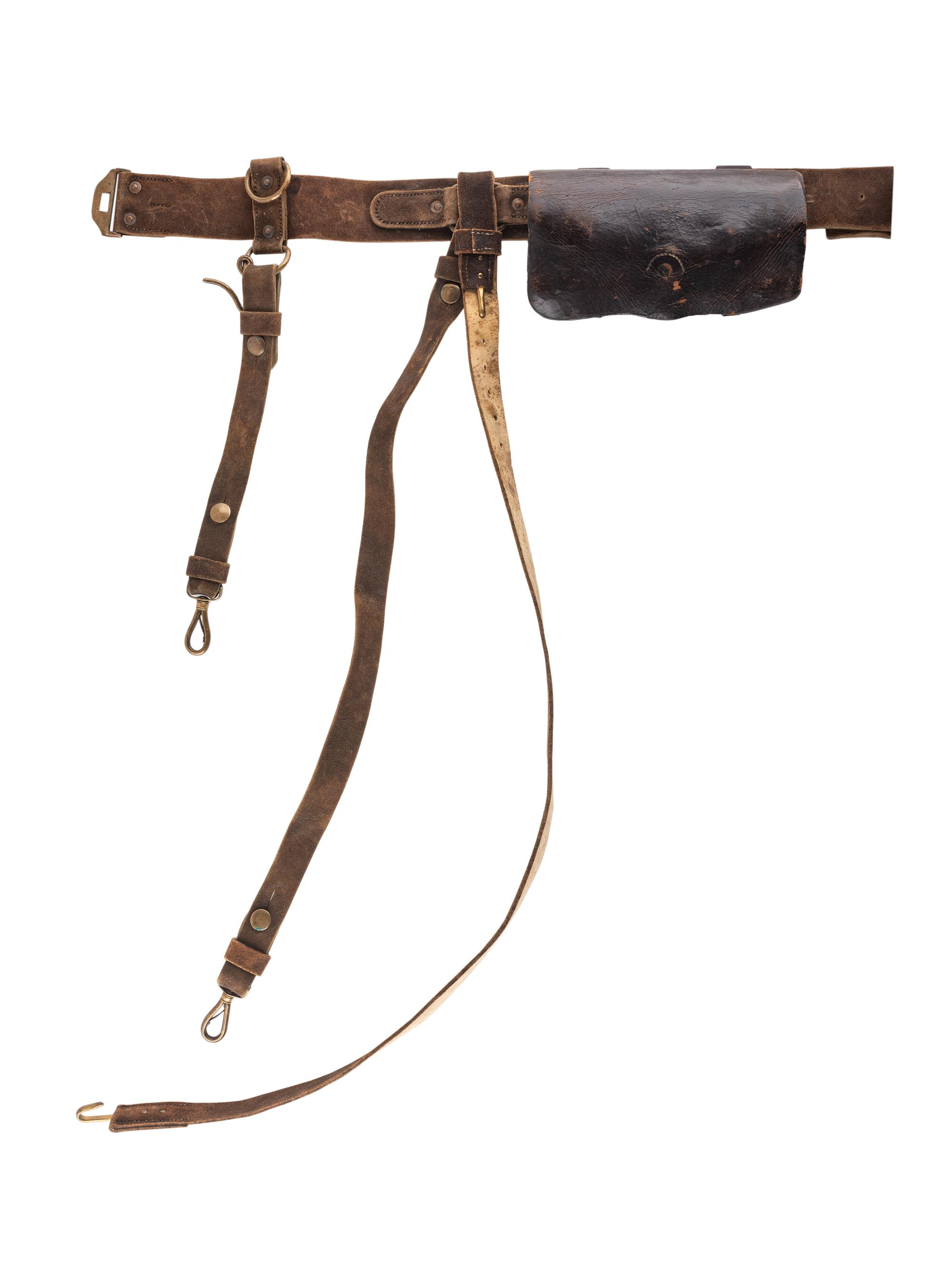 [CIVIL WAR]. Model 1851 cavalry sabre belt by W. Kinsey retaining shoulder strap and equipped with Model 1851 enlisted sword belt plate, maker marked cartridge box, and maker marked cap pouch.