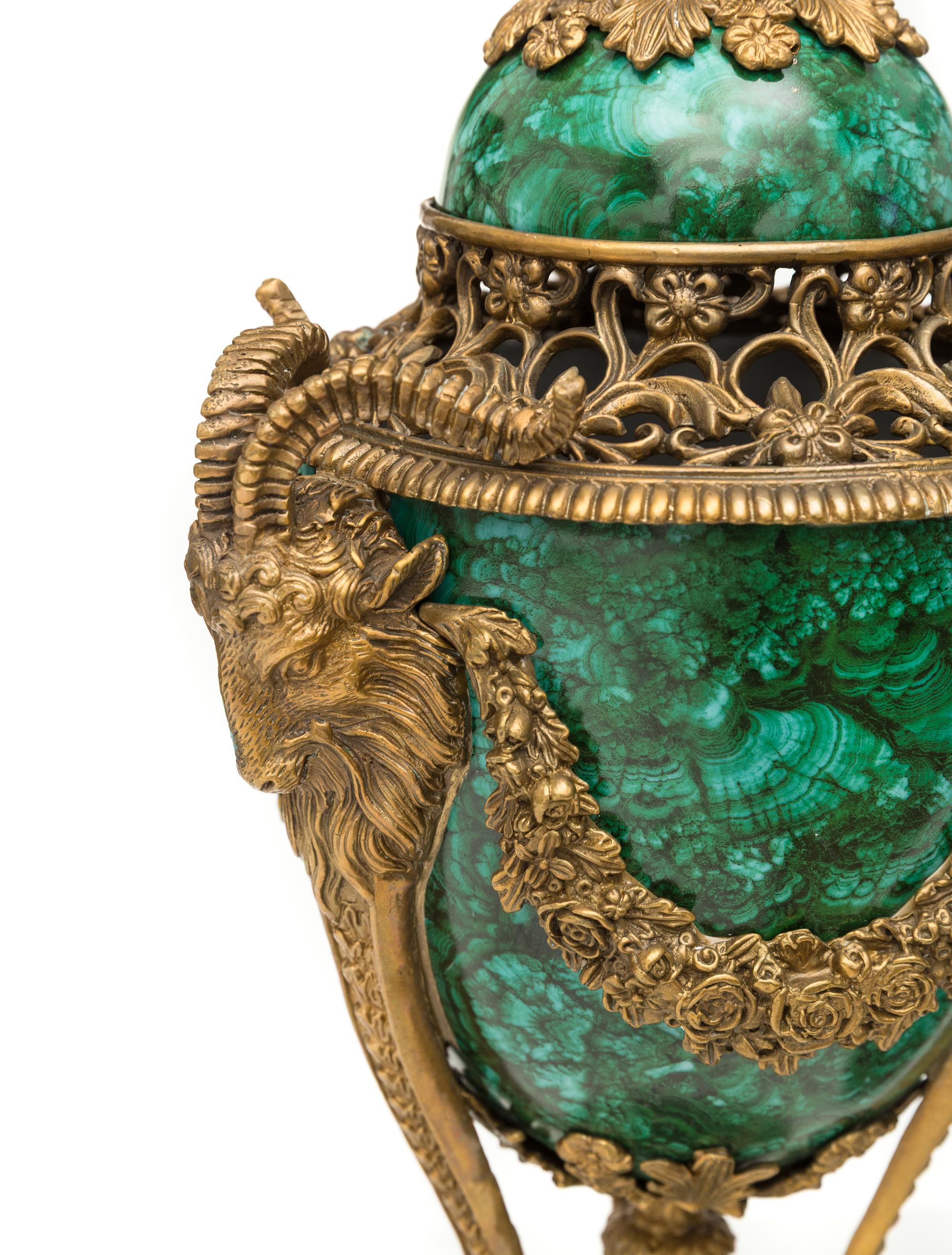 A Pair of Empire Style Faux Malachite Porcelain and Cast Brass Cassolettes