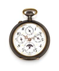 A Gunmetal Open Face Triple Calendar Moonphase Pocket Watch, A. Robert, 58.60 dwts.