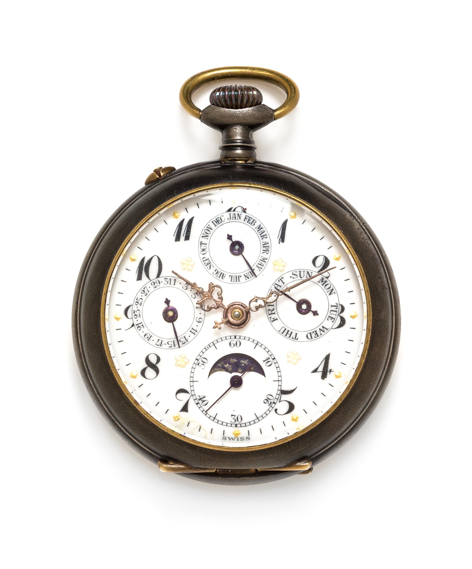 A Gunmetal Open Face Triple Calendar Moonphase Pocket Watch, A. Robert, 58.60 dwts.