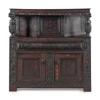A William and Mary Carved Oak and Marquetry Court Cupboard