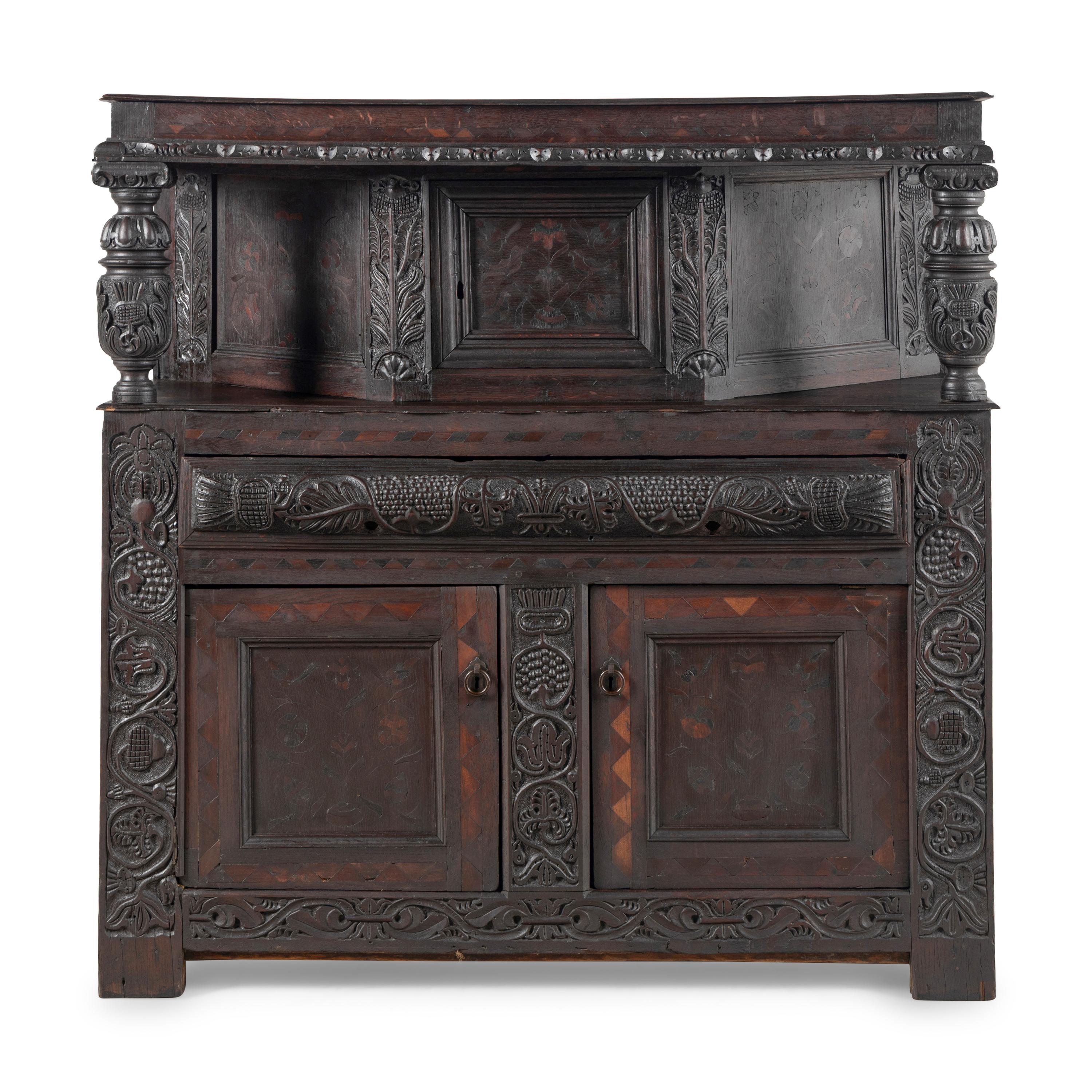 A William and Mary Carved Oak and Marquetry Court Cupboard