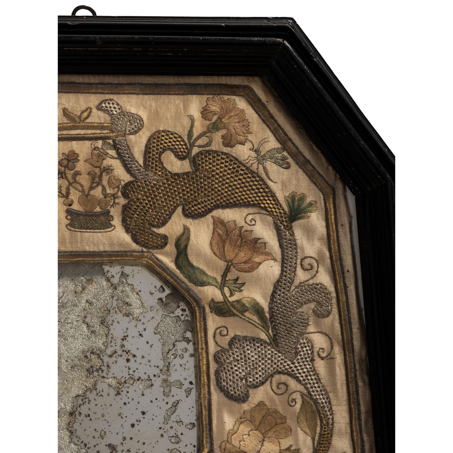 An English Metallic Stumpwork Embroidered Framed Mirror