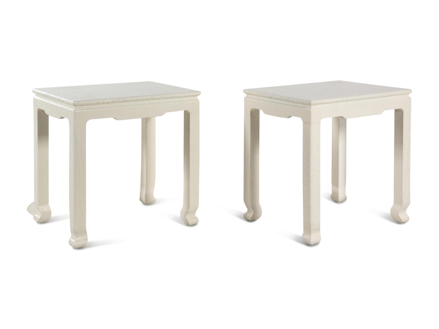 A Pair of White Painted Raffia End Tables