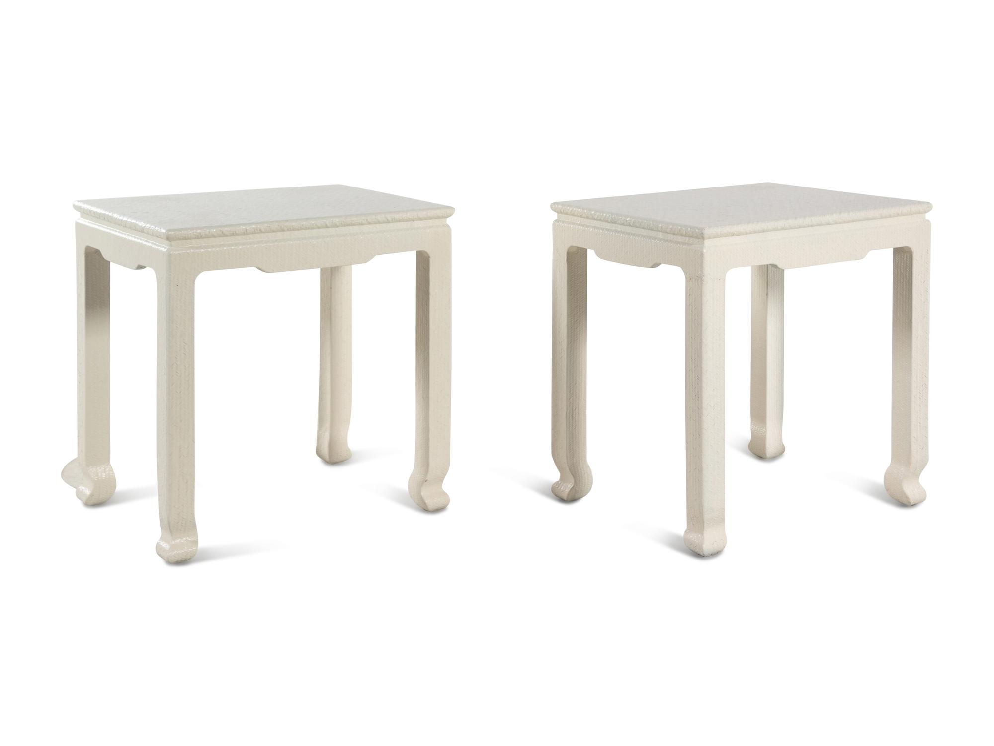 A Pair of White Painted Raffia End Tables
