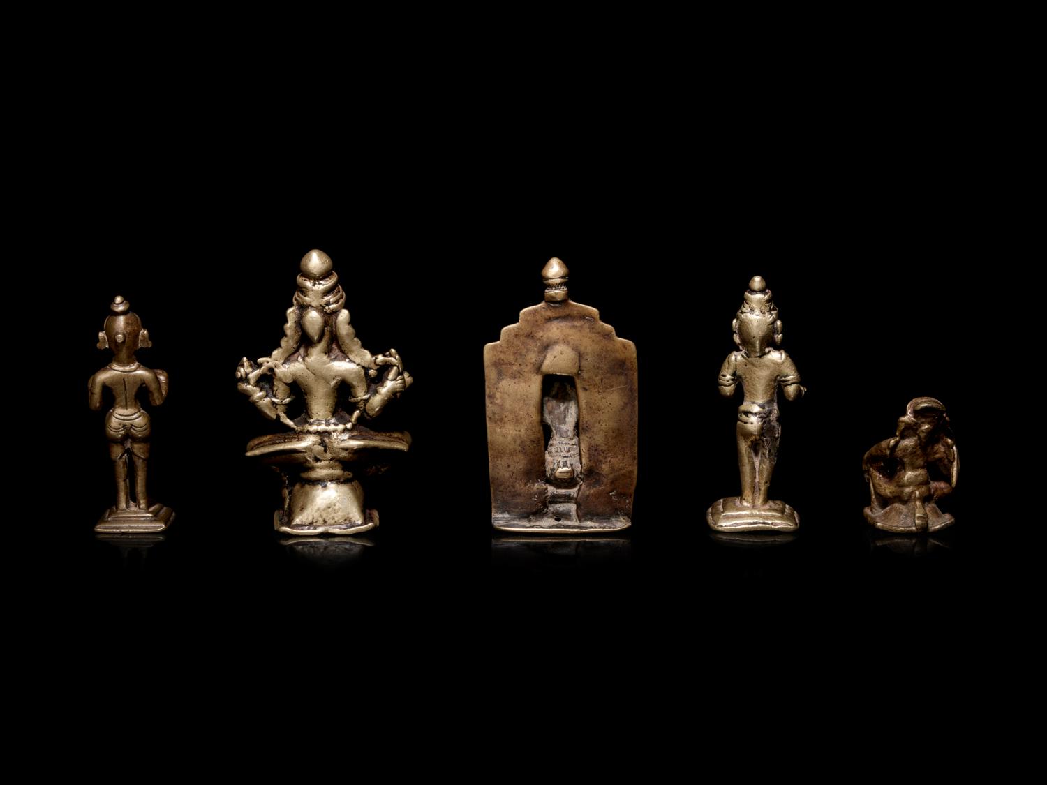Five Indian Gilt Bronze Figures of Deities and Attendants