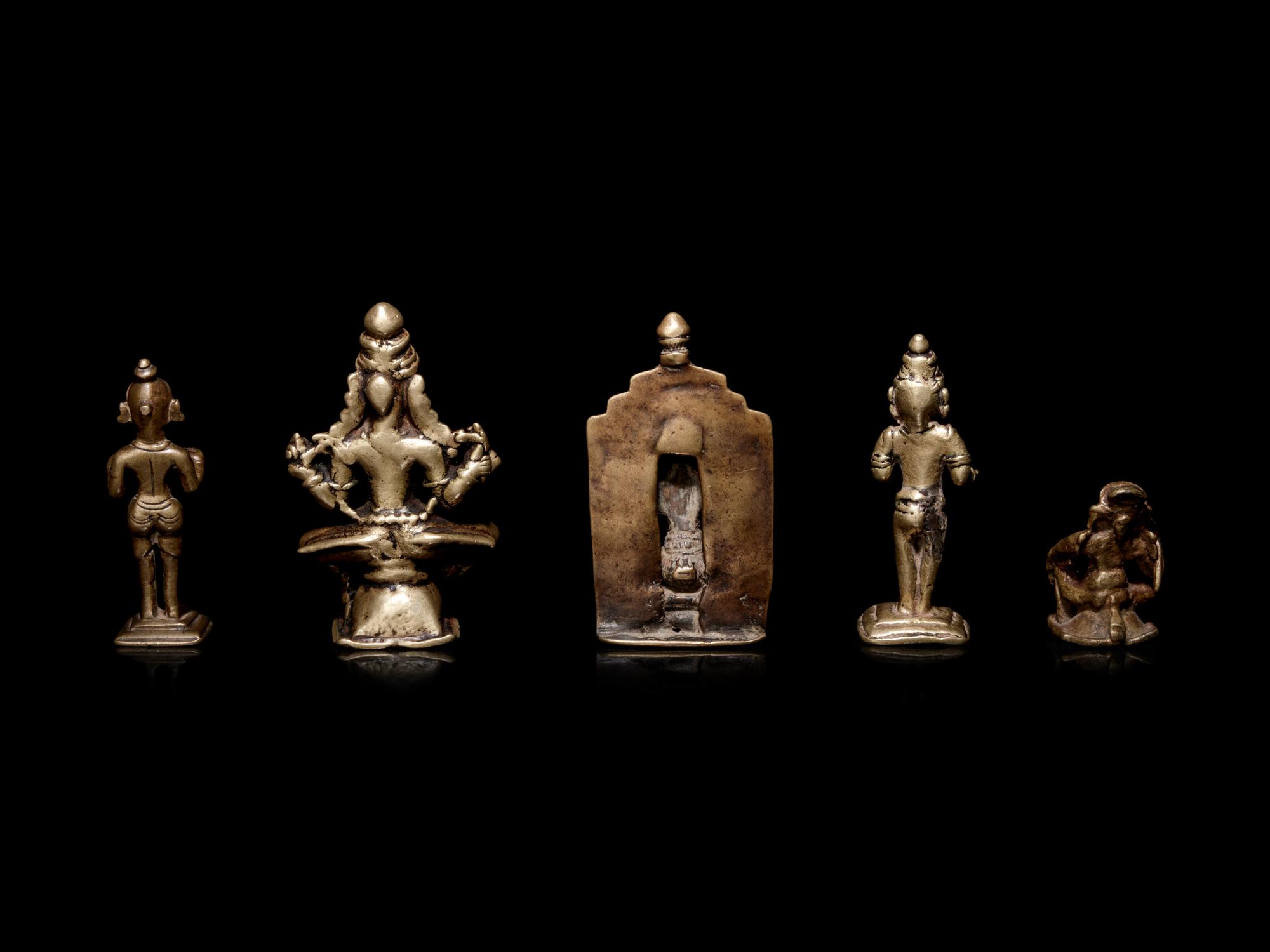 Five Indian Gilt Bronze Figures of Deities and Attendants