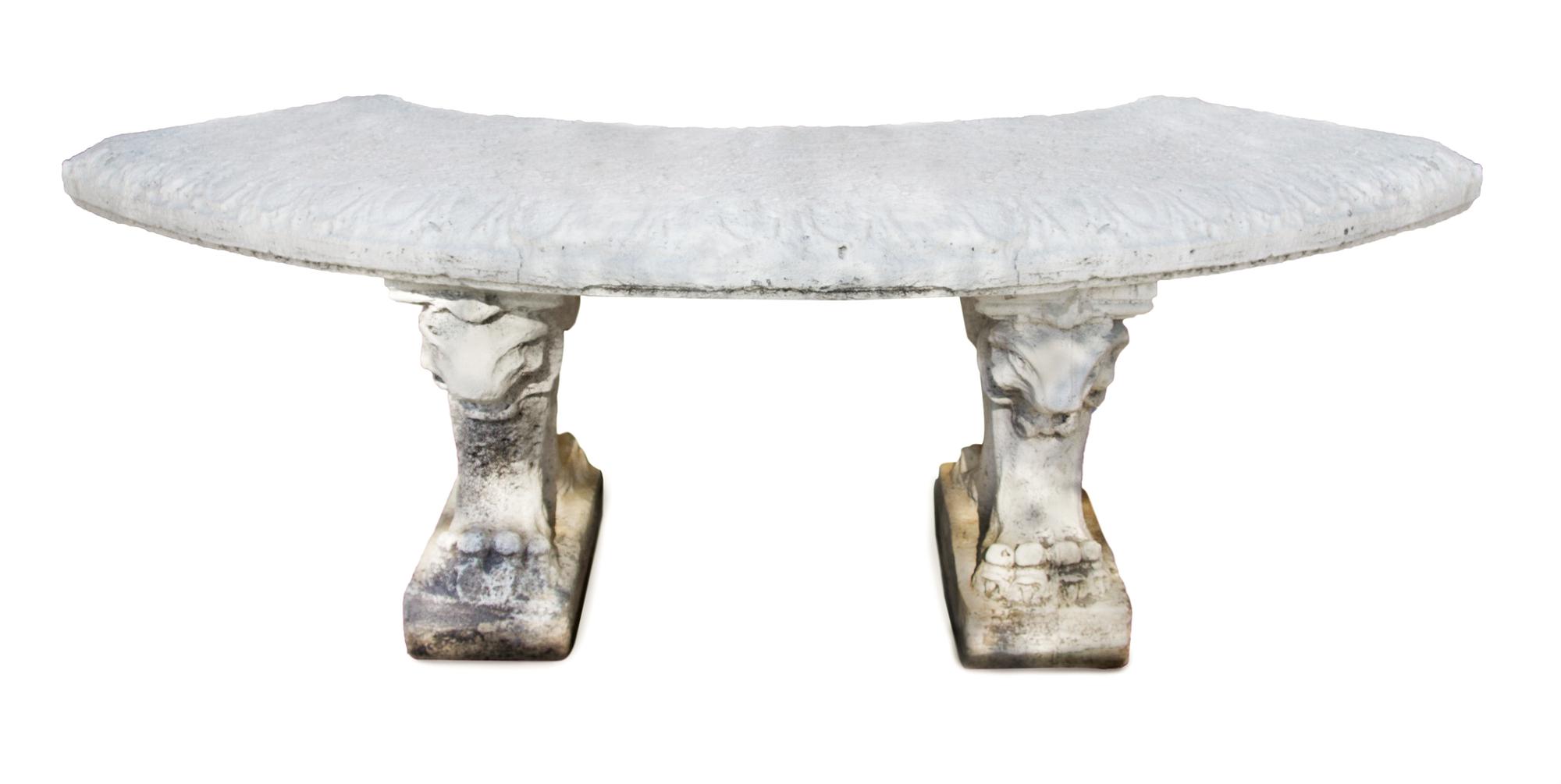 A Baroque-Style Stone Composite Bench Height 22 x width 70 x depth 29 inches.