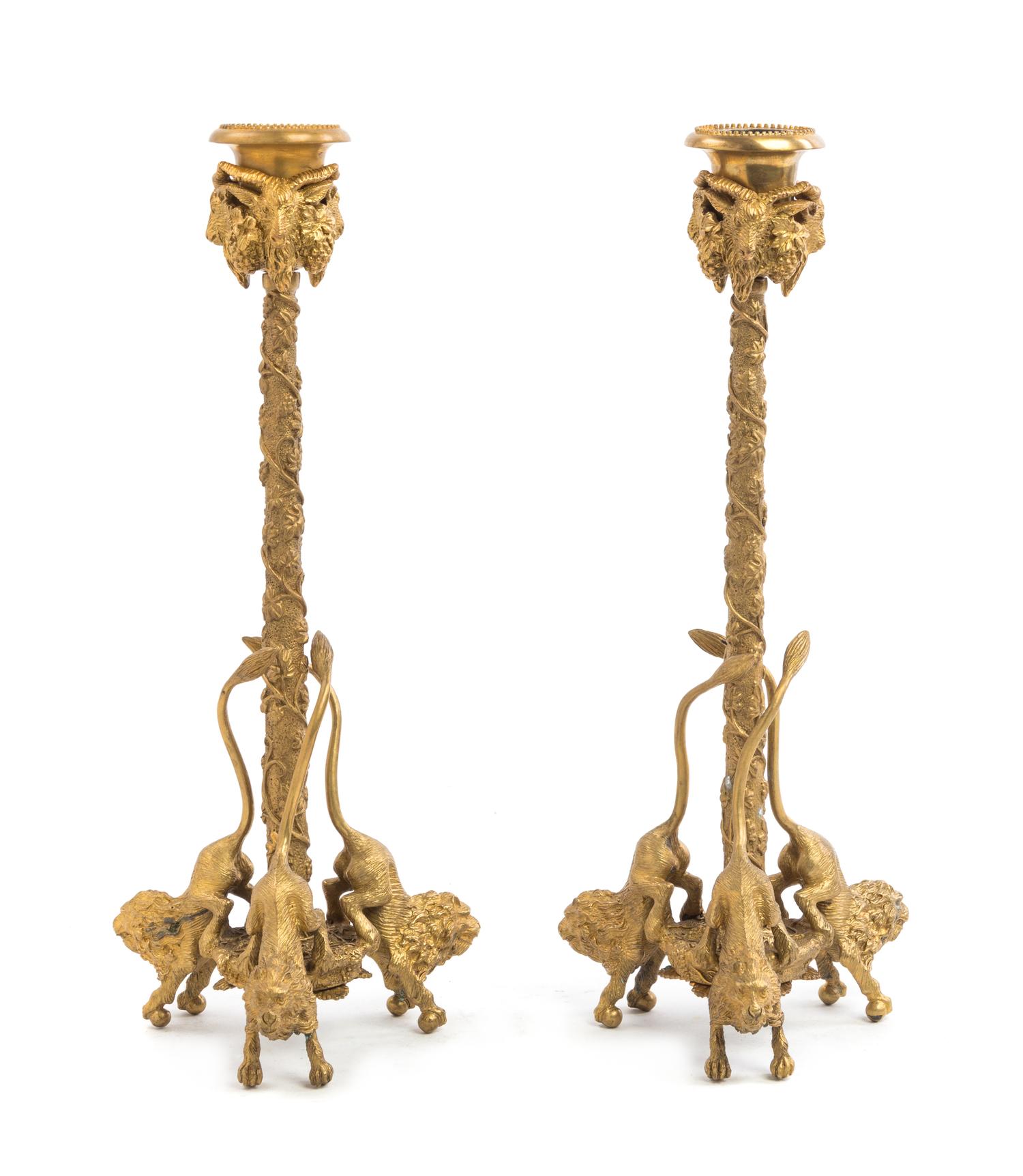 A Pair of Continental Gilt Bronze Candlesticks Height 12 1/2 inches. — 20TH CENTURY