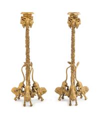A Pair of Continental Gilt Bronze Candlesticks Height 12 1/2 inches. — 20TH CENTURY