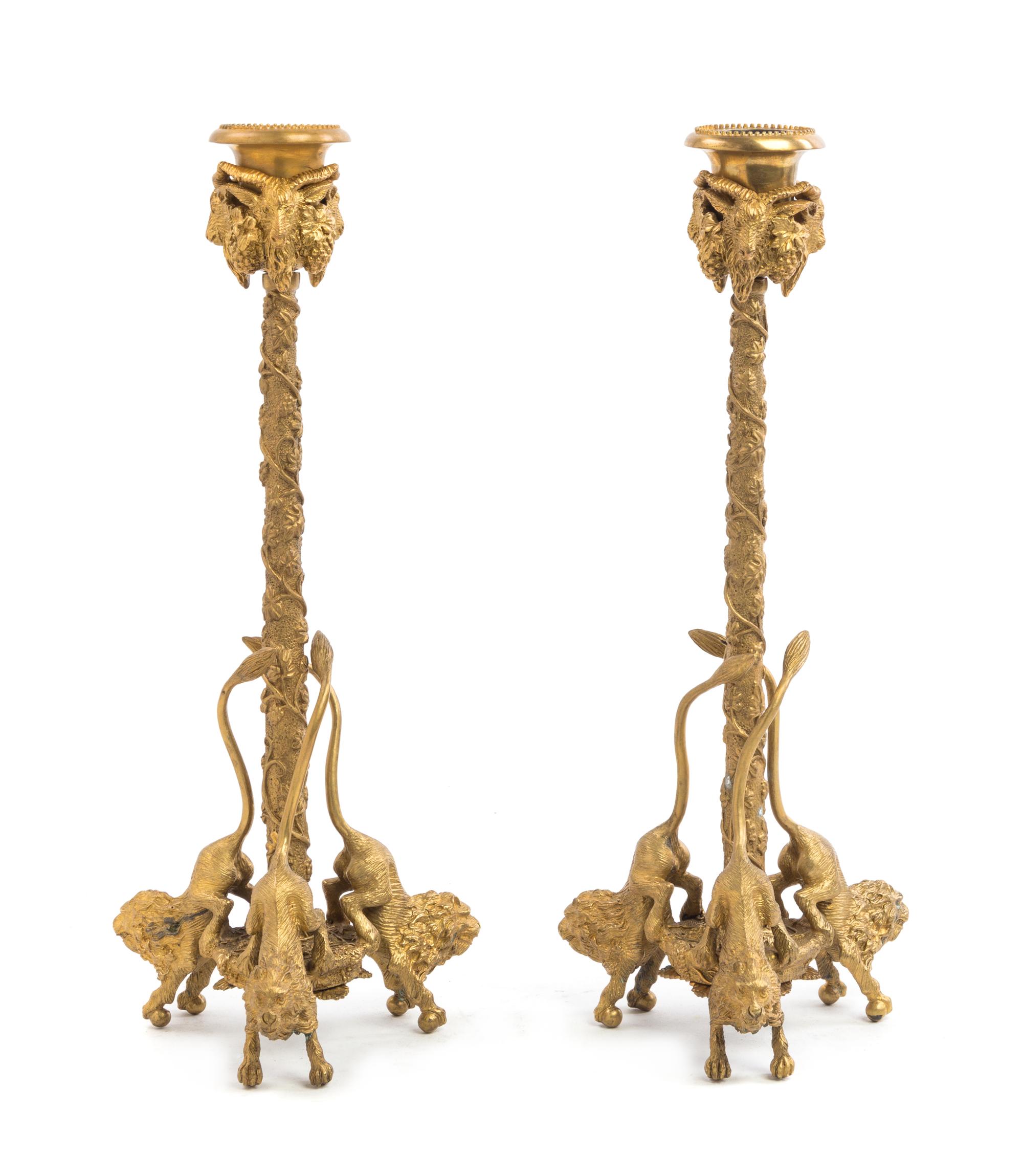 A Pair of Continental Gilt Bronze Candlesticks Height 12 1/2 inches. — 20TH CENTURY